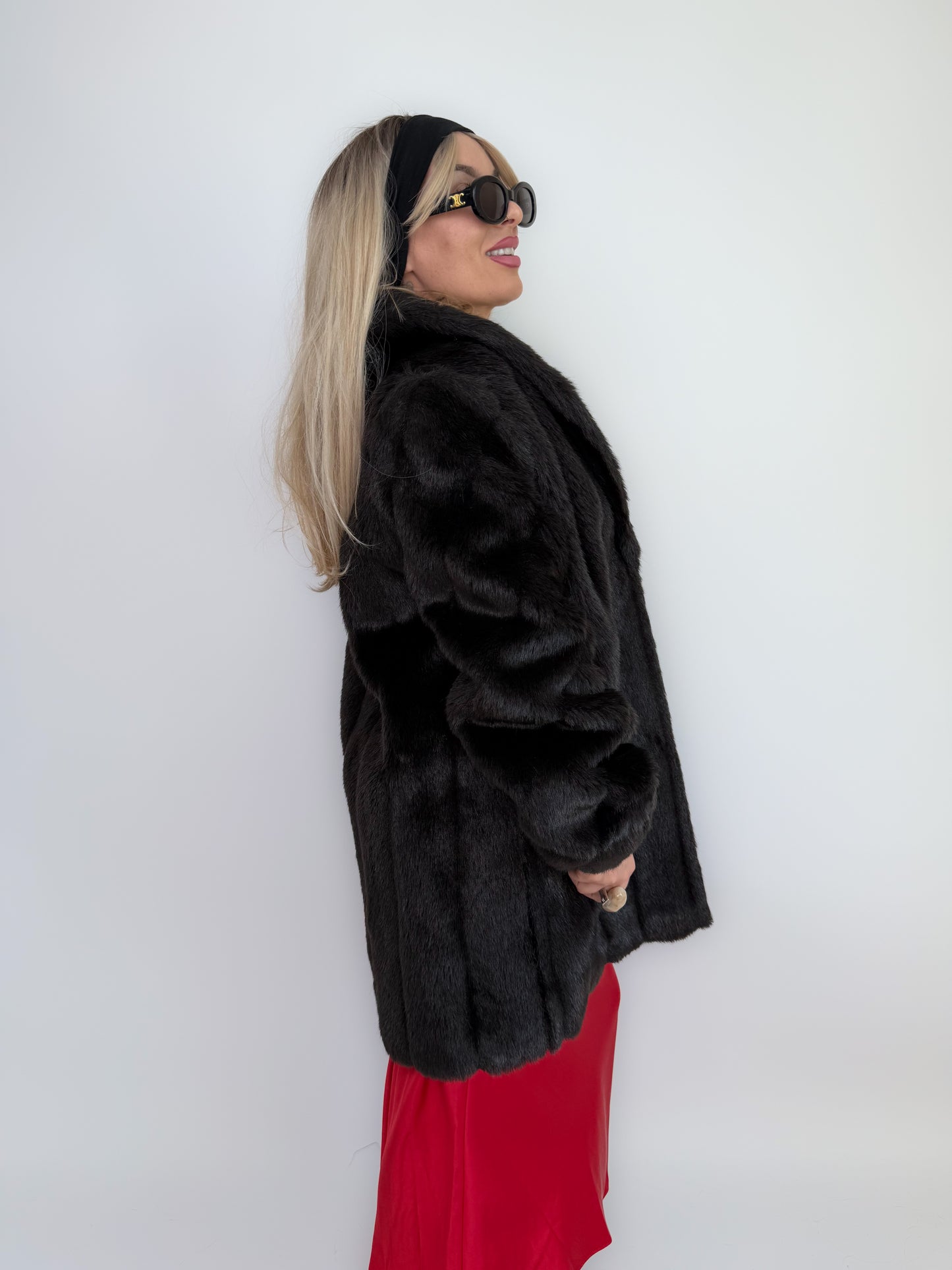 Vintage Black Faux Fur Coat Mid Length Winter Jacket S-M