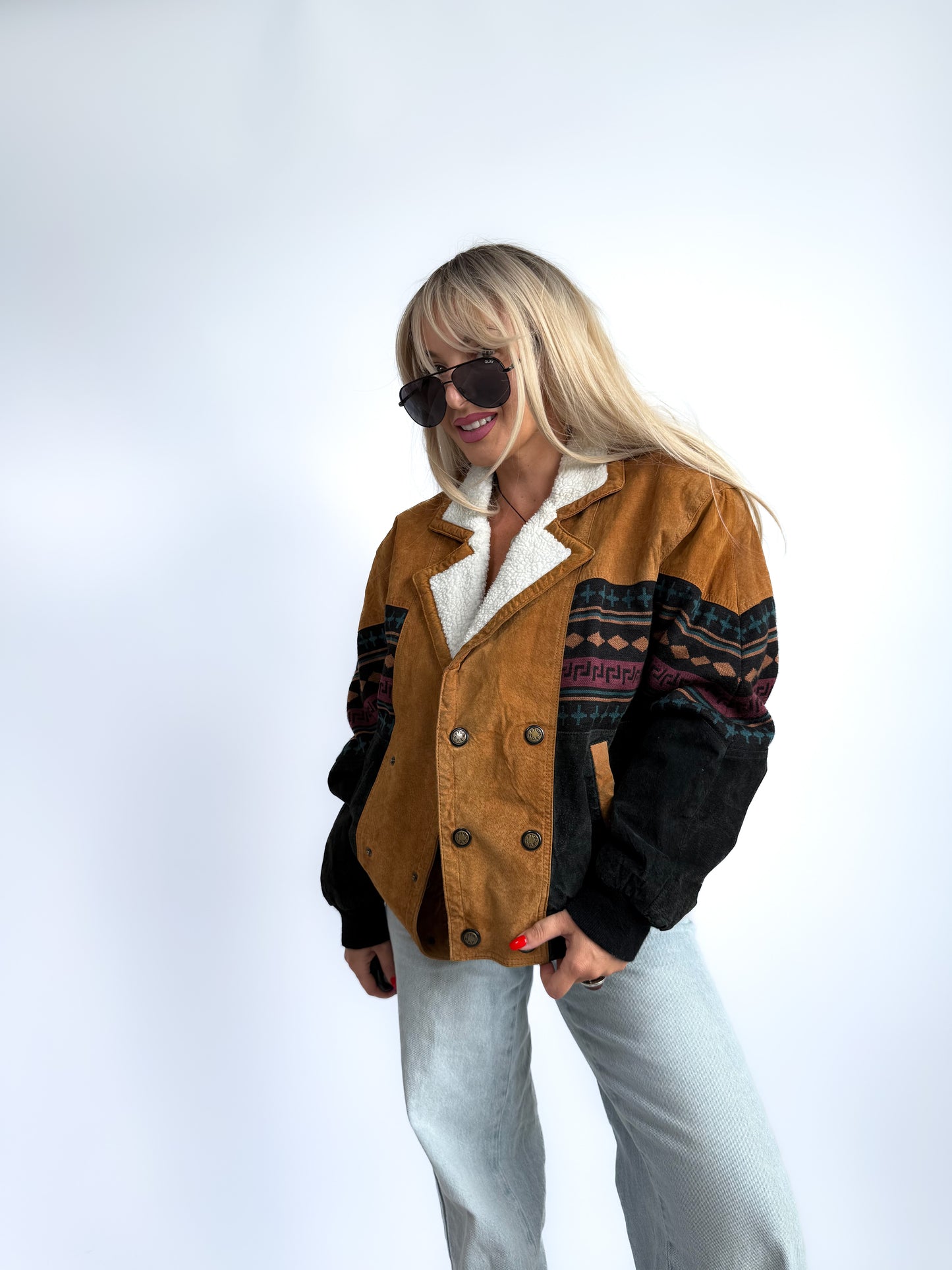 Vintage 90s Suede Leather Bomber Jacket – Tribal Aztec Navajo Print with Sherpa Collar XS-S