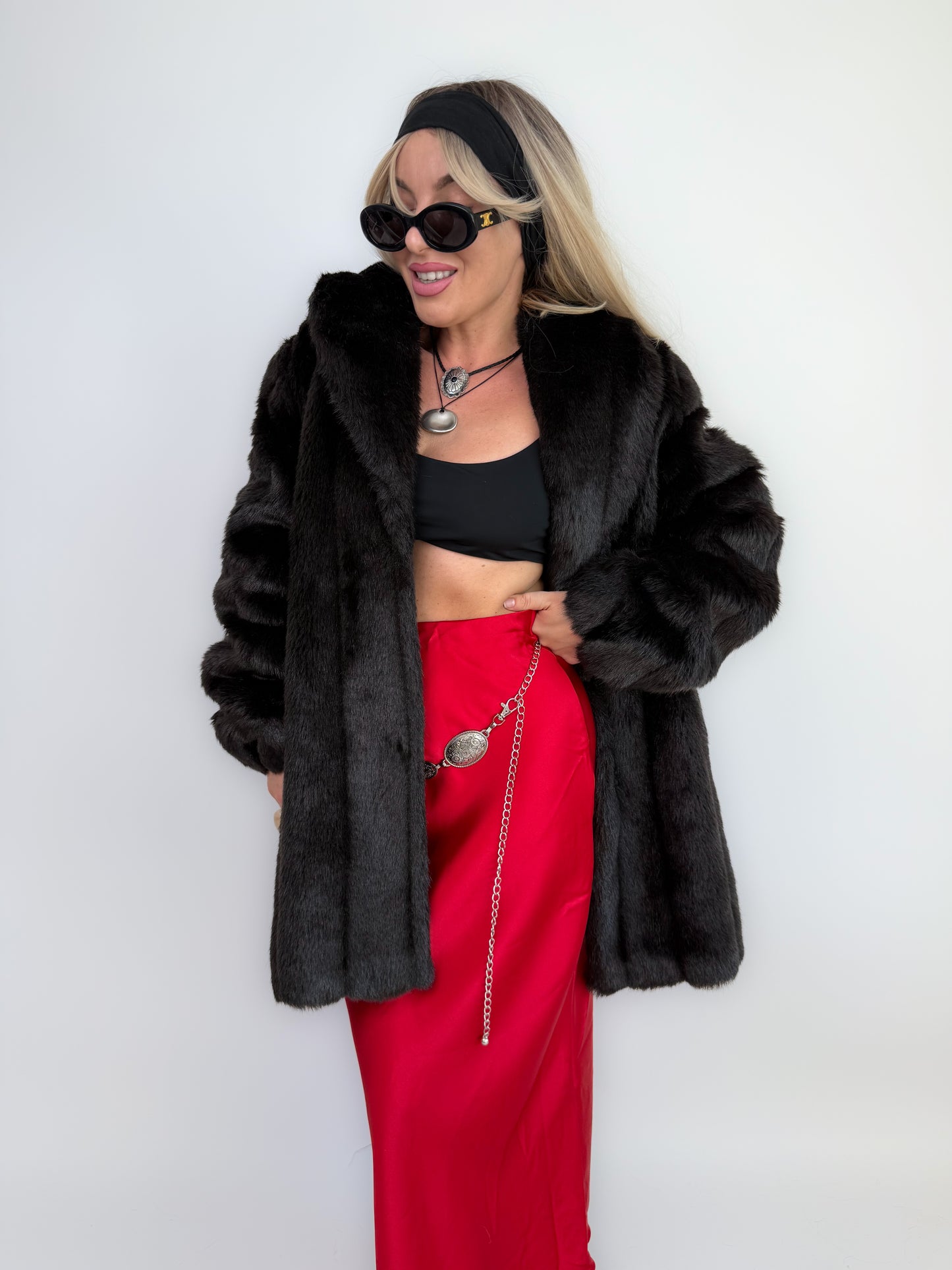 Vintage Black Faux Fur Coat Mid Length Winter Jacket S-M