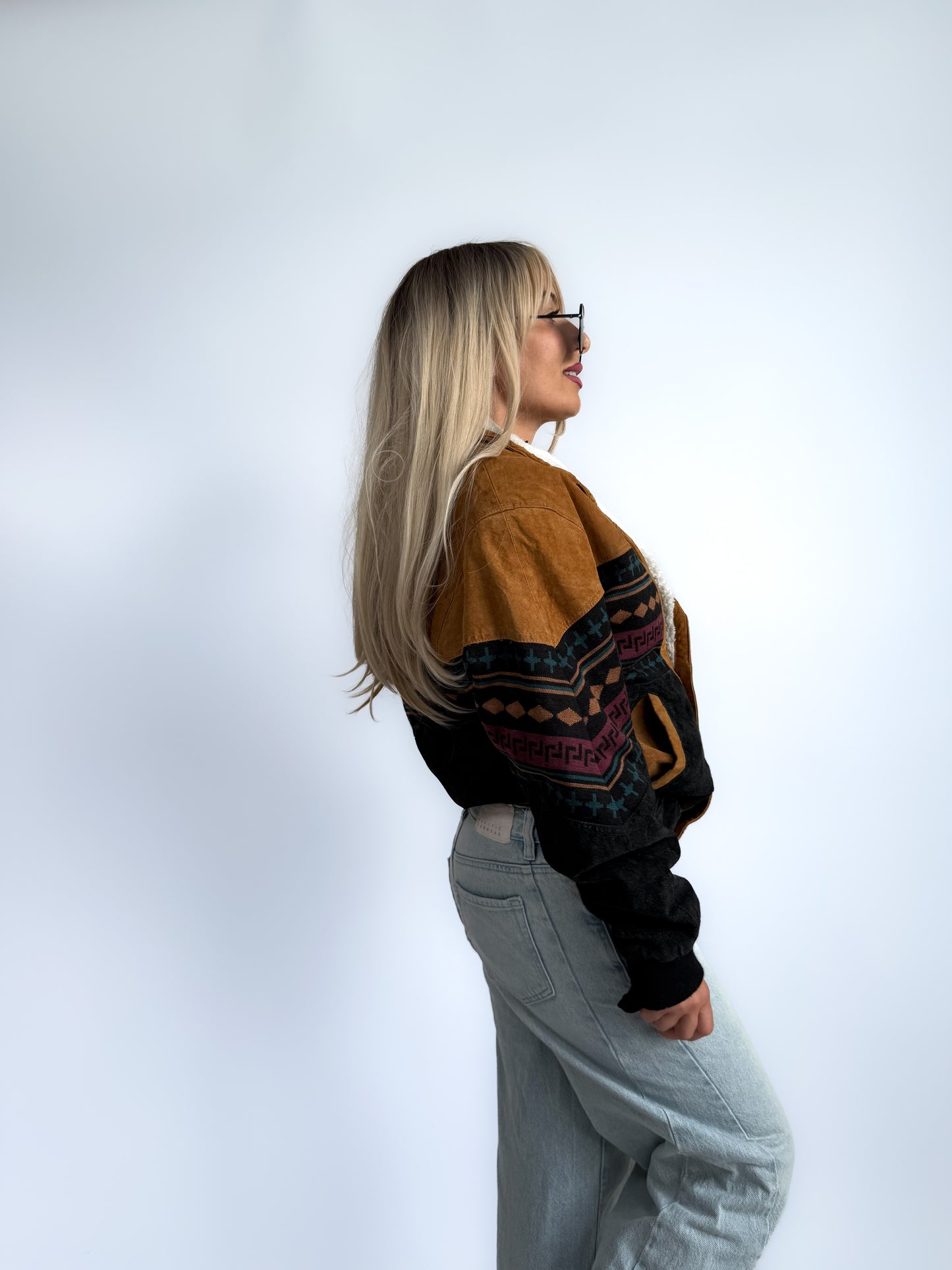 Vintage 90s Suede Leather Bomber Jacket – Tribal Aztec Navajo Print with Sherpa Collar XS-S