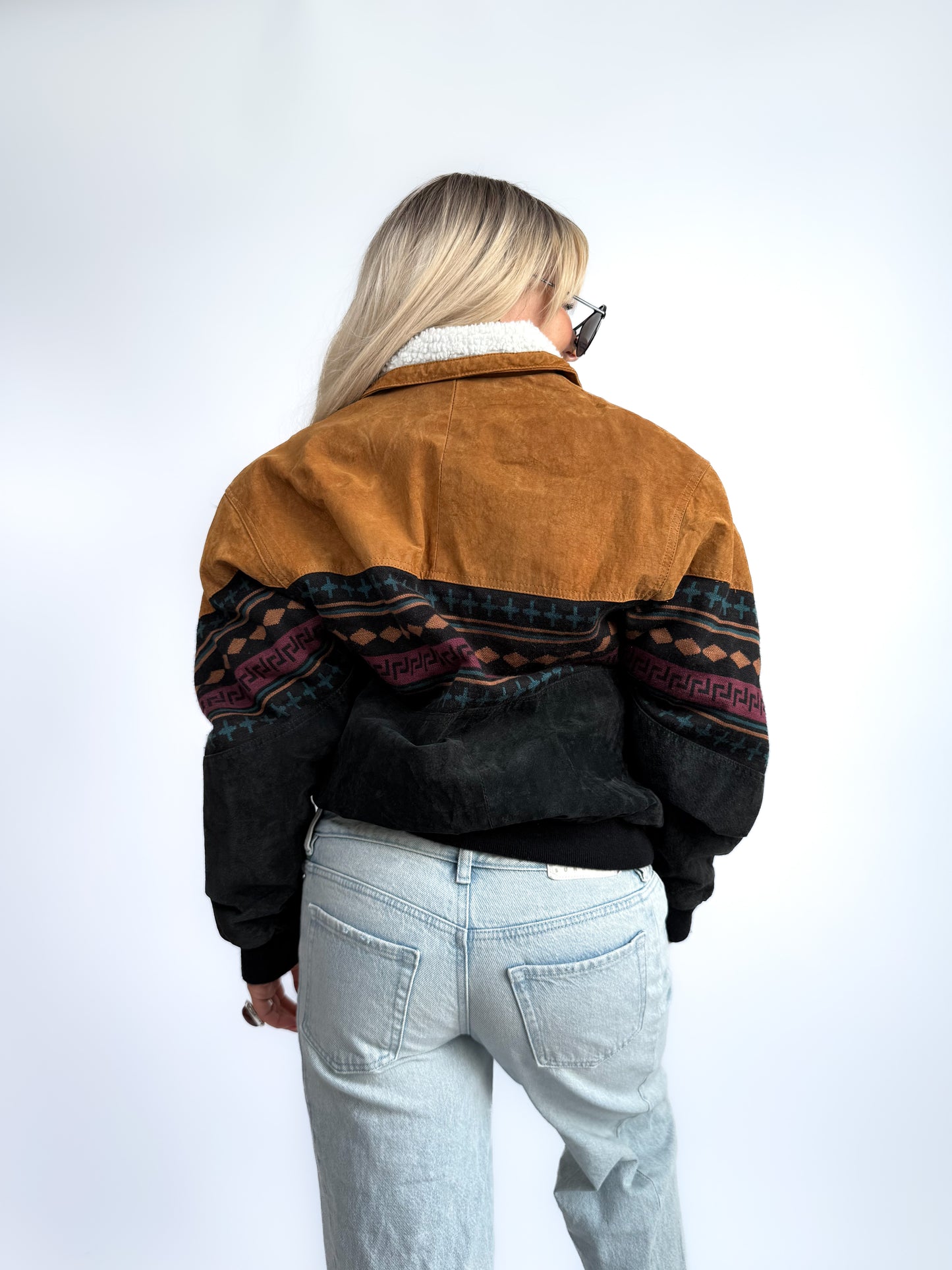 Vintage 90s Suede Leather Bomber Jacket – Tribal Aztec Navajo Print with Sherpa Collar XS-S