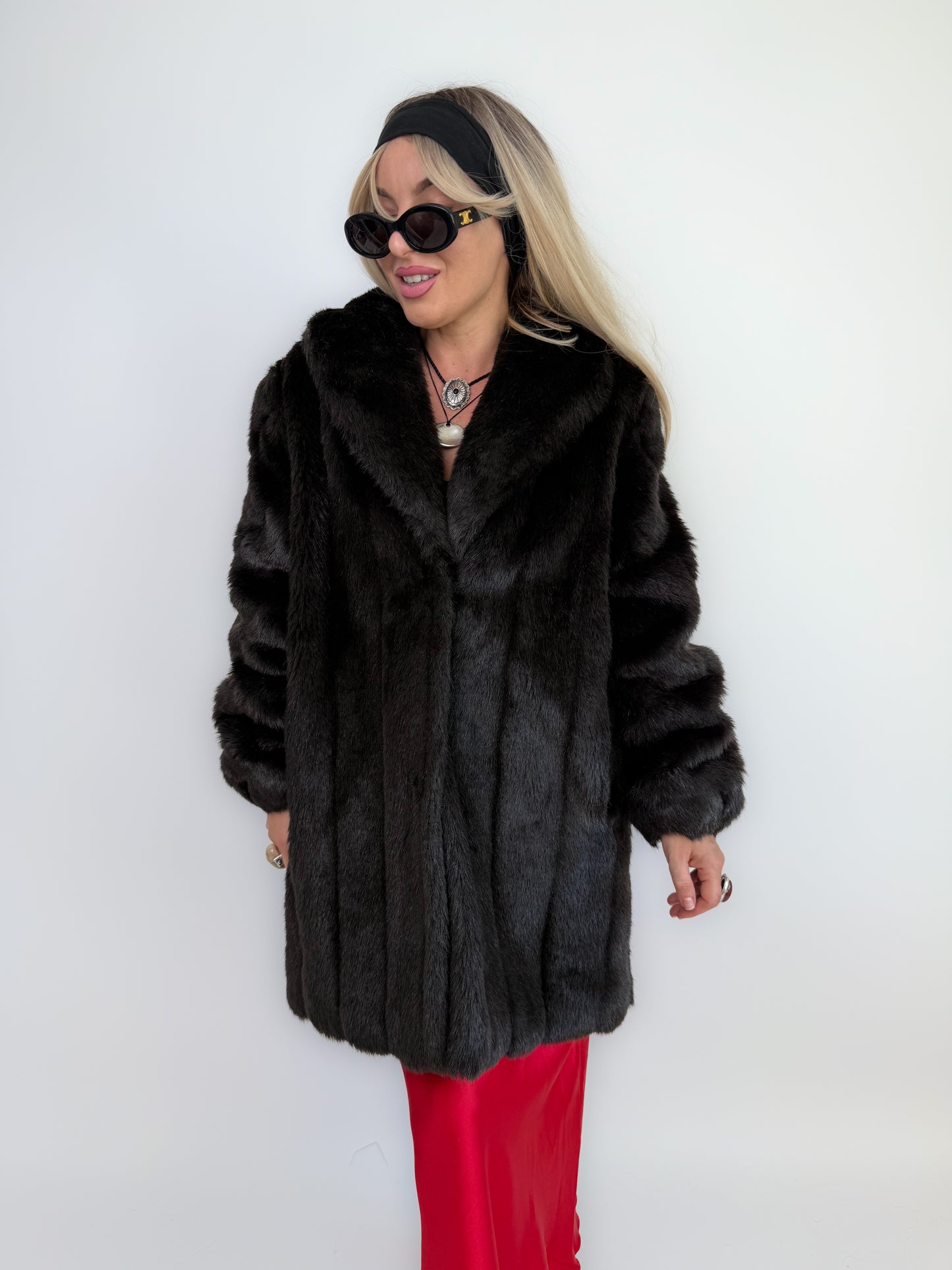 Vintage Black Faux Fur Coat Mid Length Winter Jacket S-M