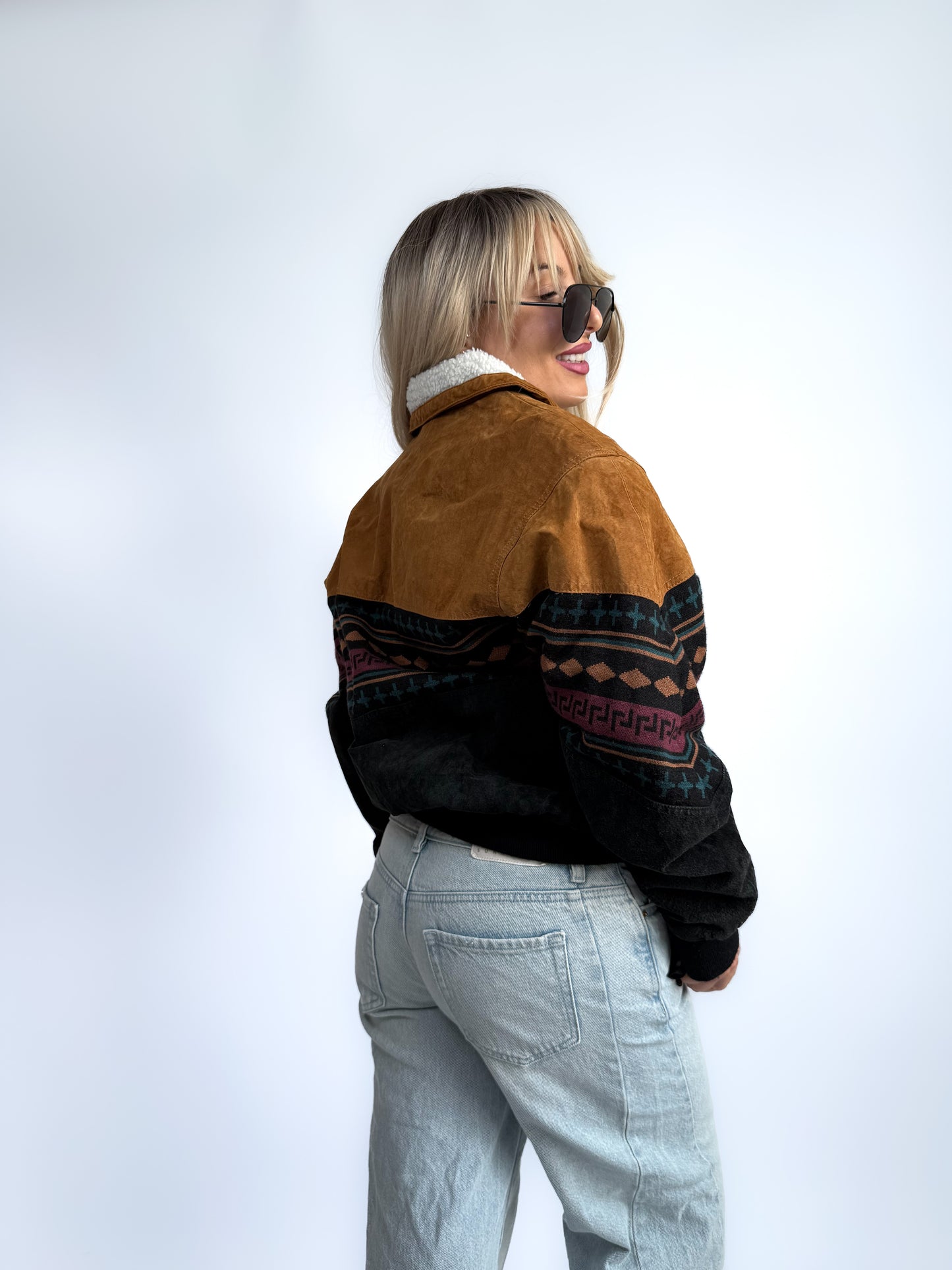 Vintage 90s Suede Leather Bomber Jacket – Tribal Aztec Navajo Print with Sherpa Collar XS-S