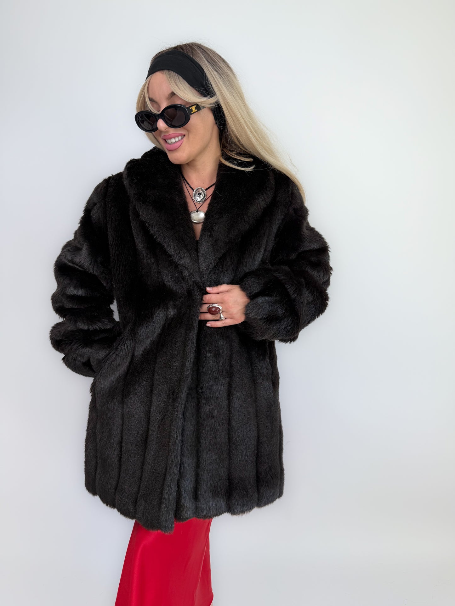 Vintage Black Faux Fur Coat Mid Length Winter Jacket S-M