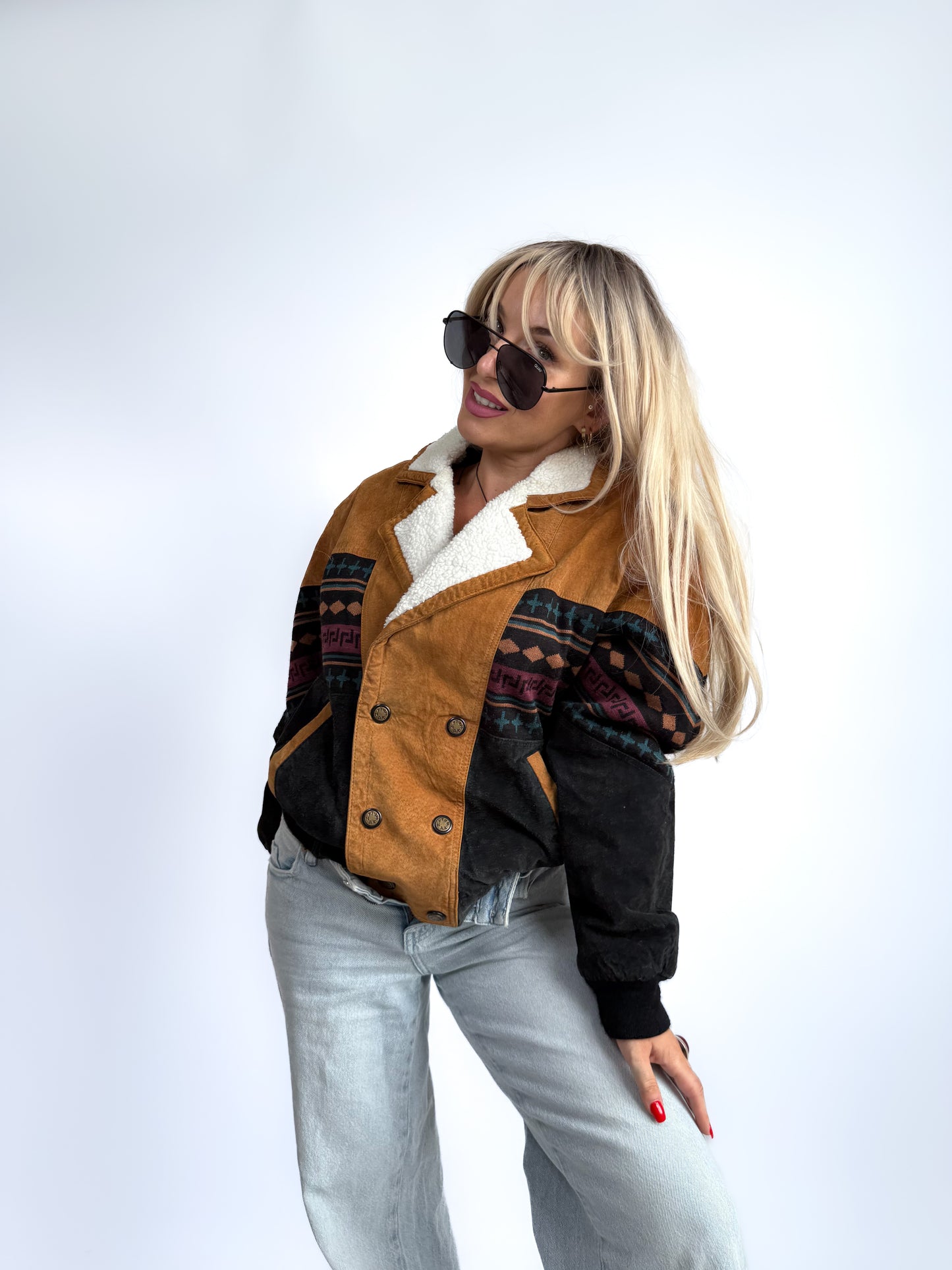 Vintage 90s Suede Leather Bomber Jacket – Tribal Aztec Navajo Print with Sherpa Collar XS-S