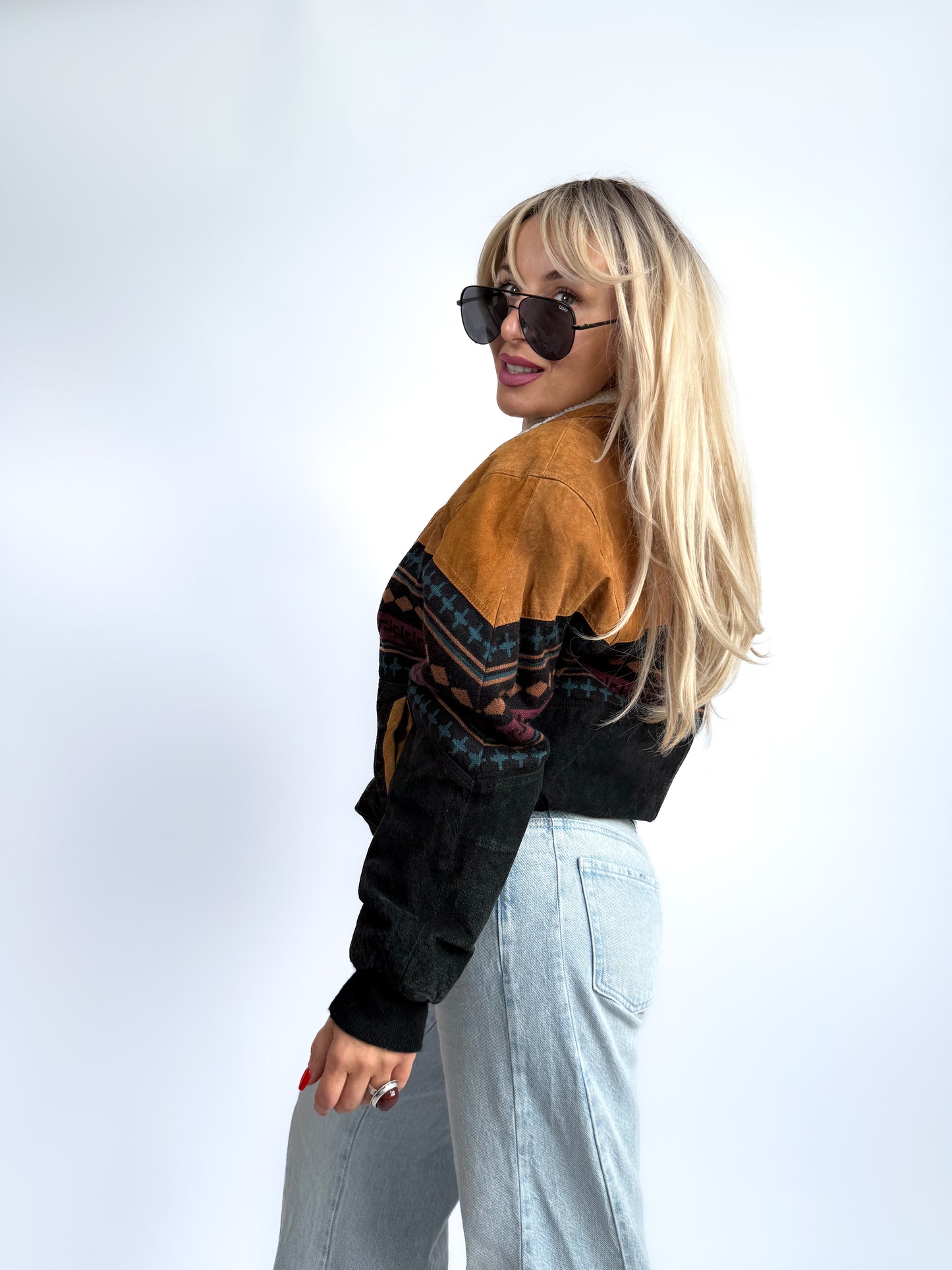 Vintage 90s Suede Leather Bomber Jacket – Tribal Aztec Navajo Print with Sherpa Collar XS-S
