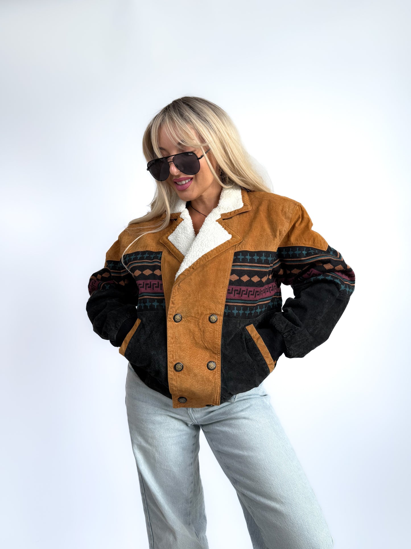 Vintage 90s Suede Leather Bomber Jacket – Tribal Aztec Navajo Print with Sherpa Collar XS-S