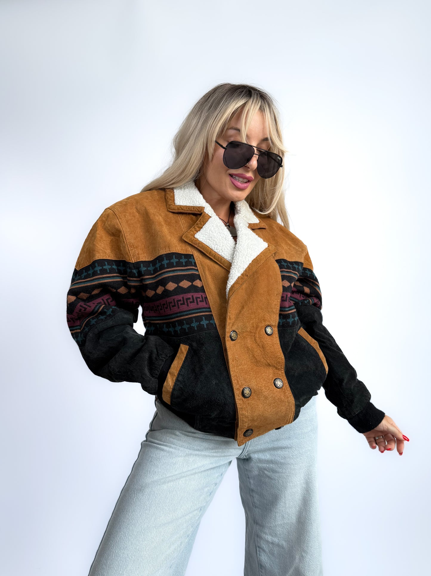 Vintage 90s Suede Leather Bomber Jacket – Tribal Aztec Navajo Print with Sherpa Collar XS-S