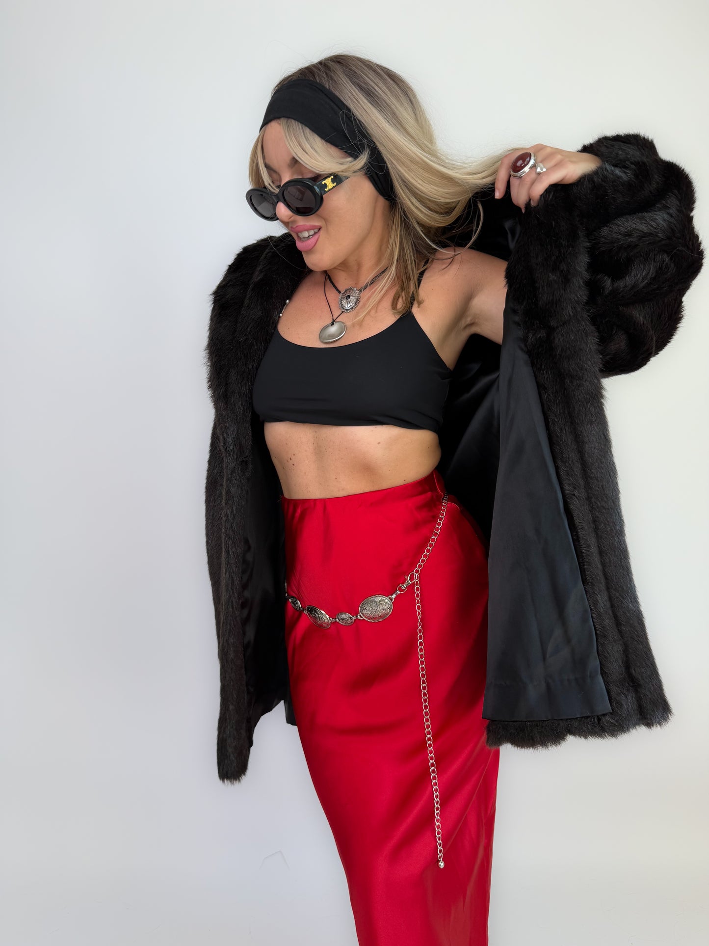 Vintage Black Faux Fur Coat Mid Length Winter Jacket S-M