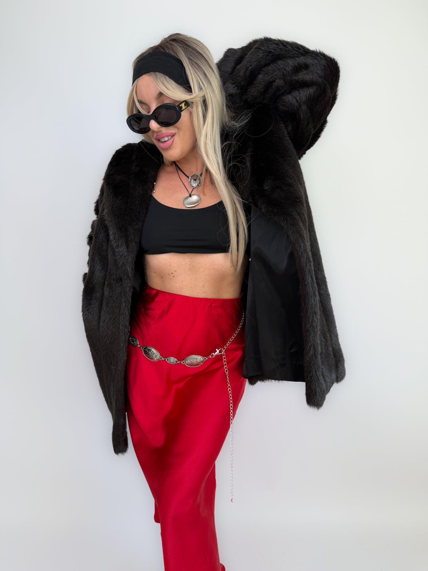 Vintage Black Faux Fur Coat Mid Length Winter Jacket S-M