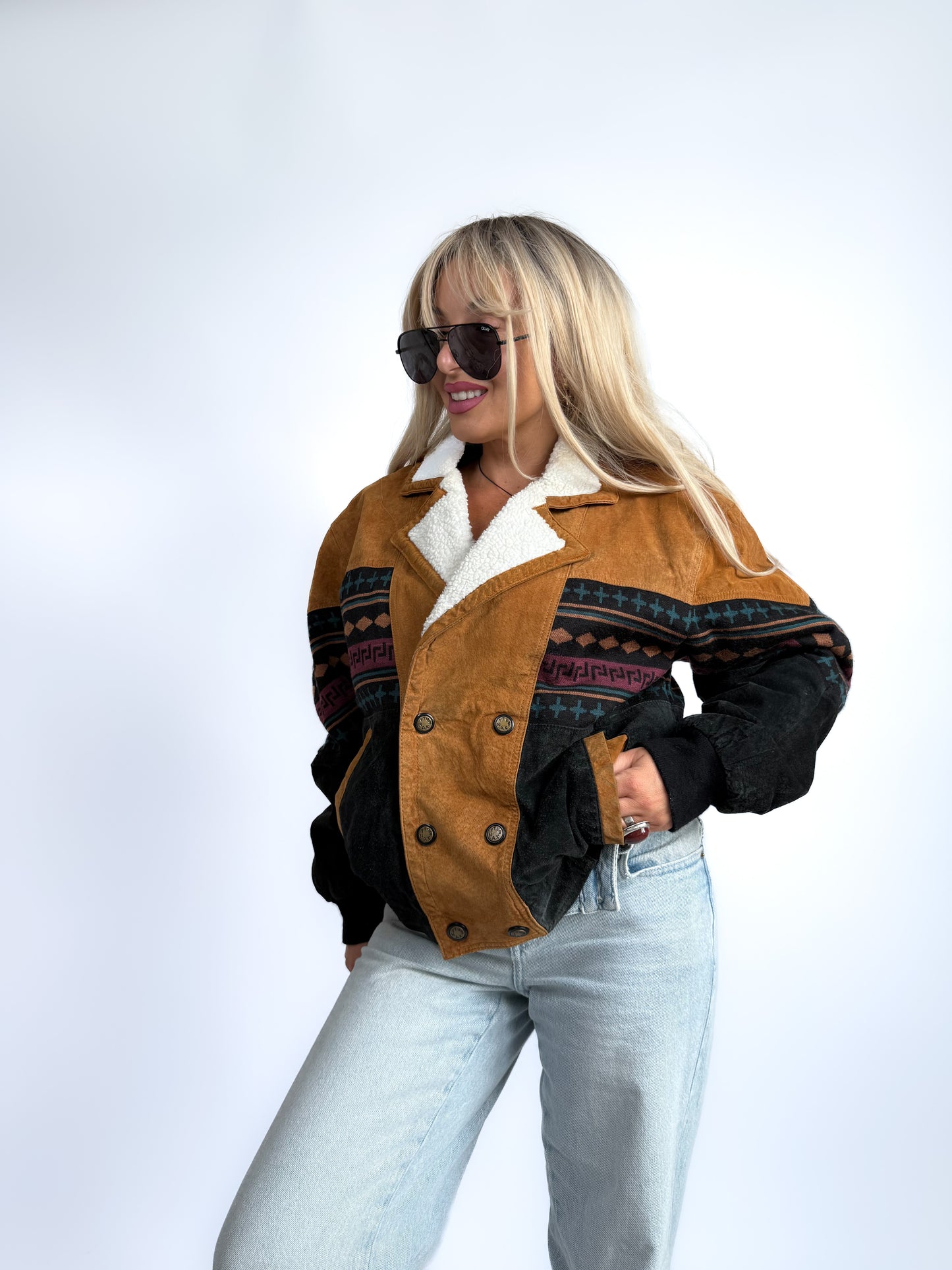 Vintage 90s Suede Leather Bomber Jacket – Tribal Aztec Navajo Print with Sherpa Collar XS-S