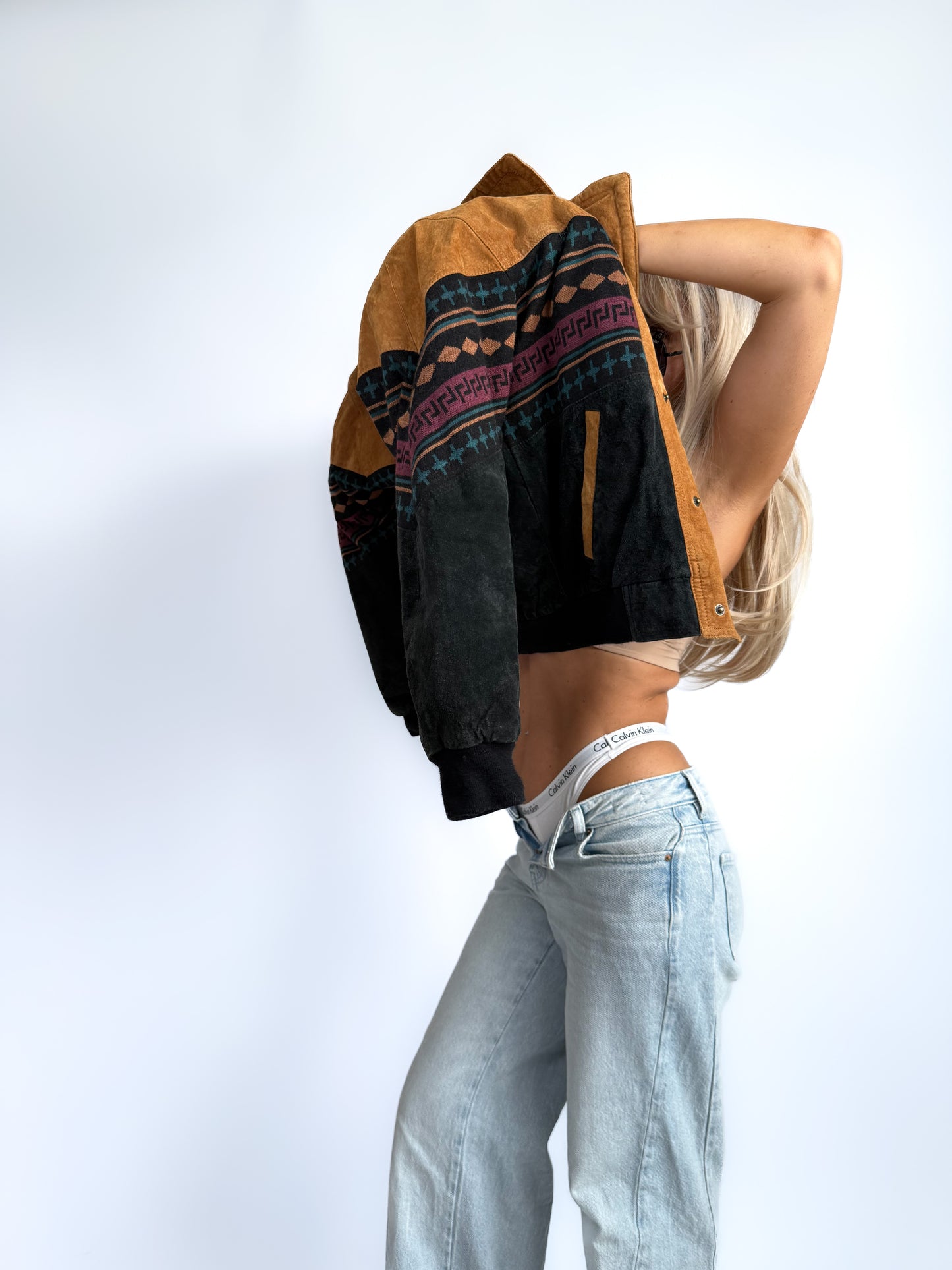 Vintage 90s Suede Leather Bomber Jacket – Tribal Aztec Navajo Print with Sherpa Collar XS-S