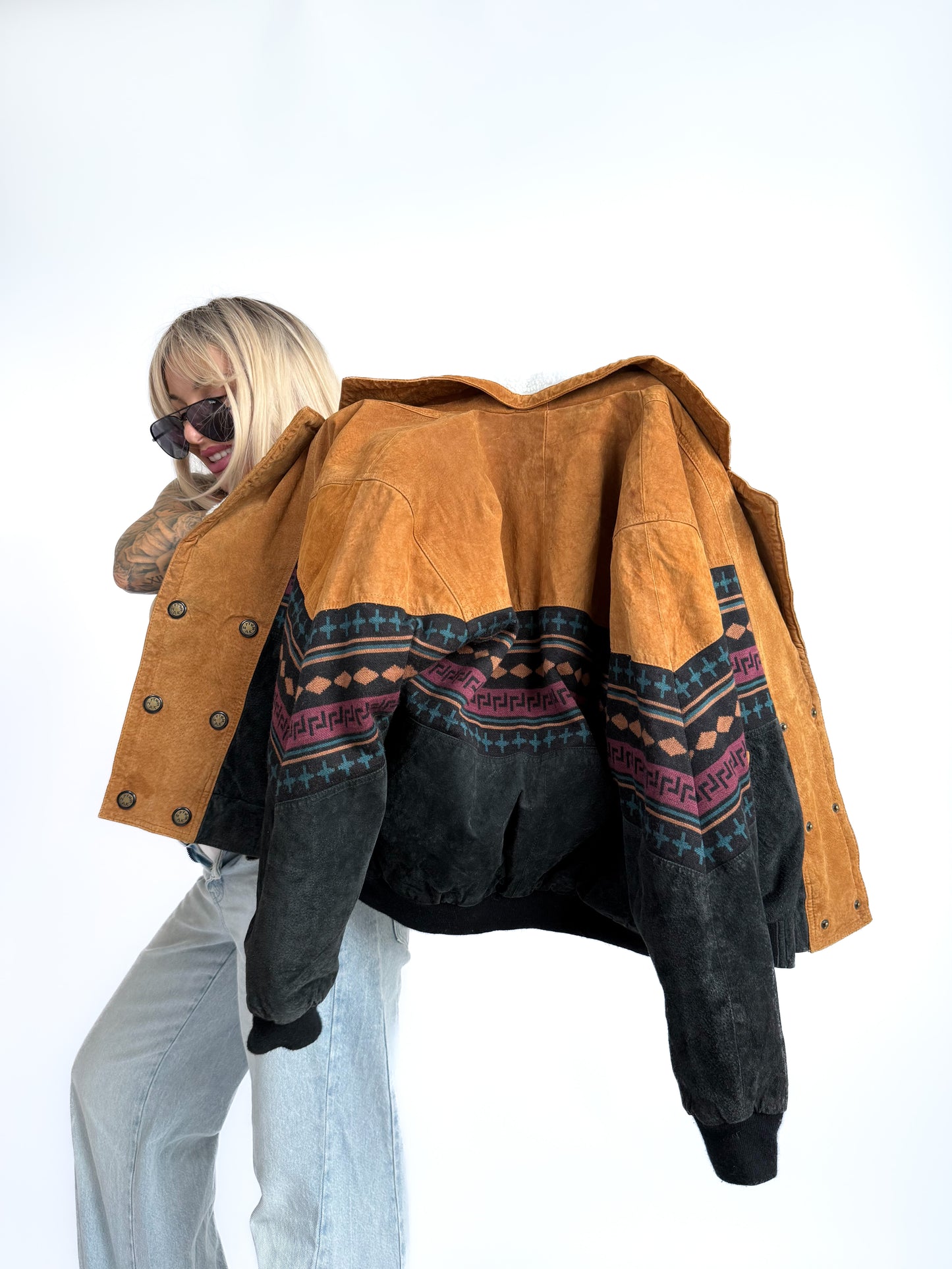 Vintage 90s Suede Leather Bomber Jacket – Tribal Aztec Navajo Print with Sherpa Collar XS-S