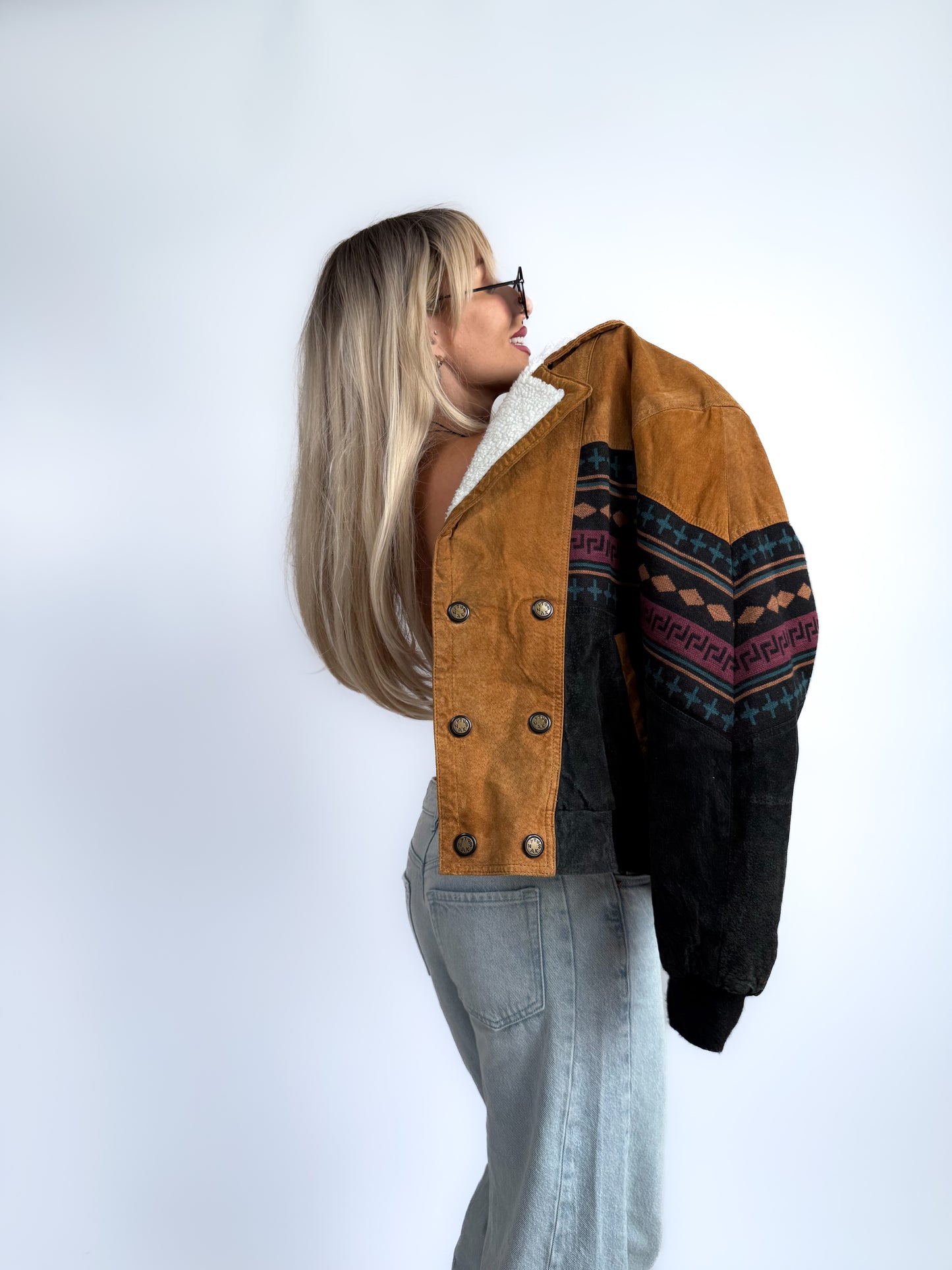 Vintage 90s Suede Leather Bomber Jacket – Tribal Aztec Navajo Print with Sherpa Collar XS-S