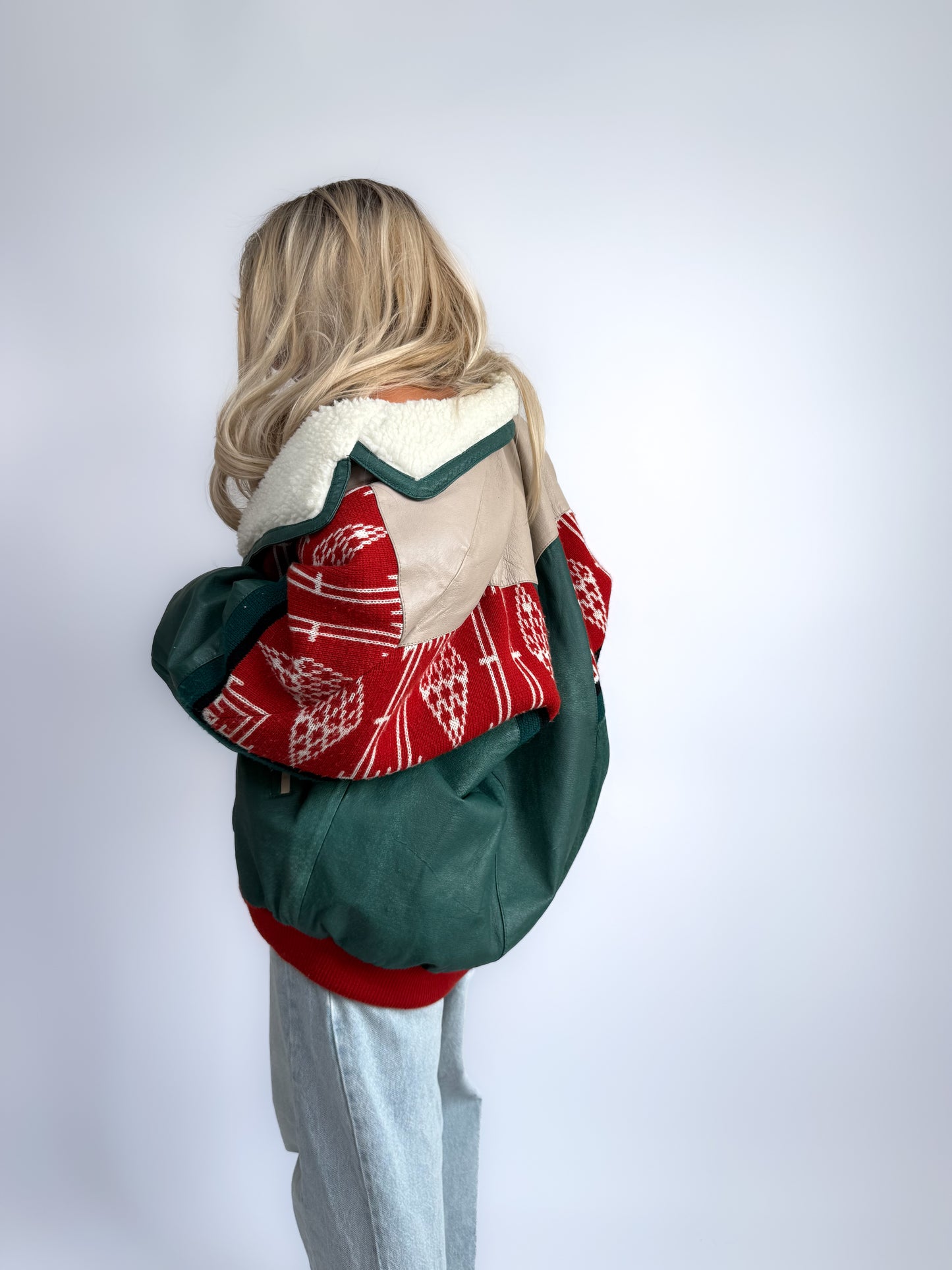 Vintage Navajo Leather Southwestern Bomber Jacket – Sherpa Collar, Streetwear Style M-L-XL