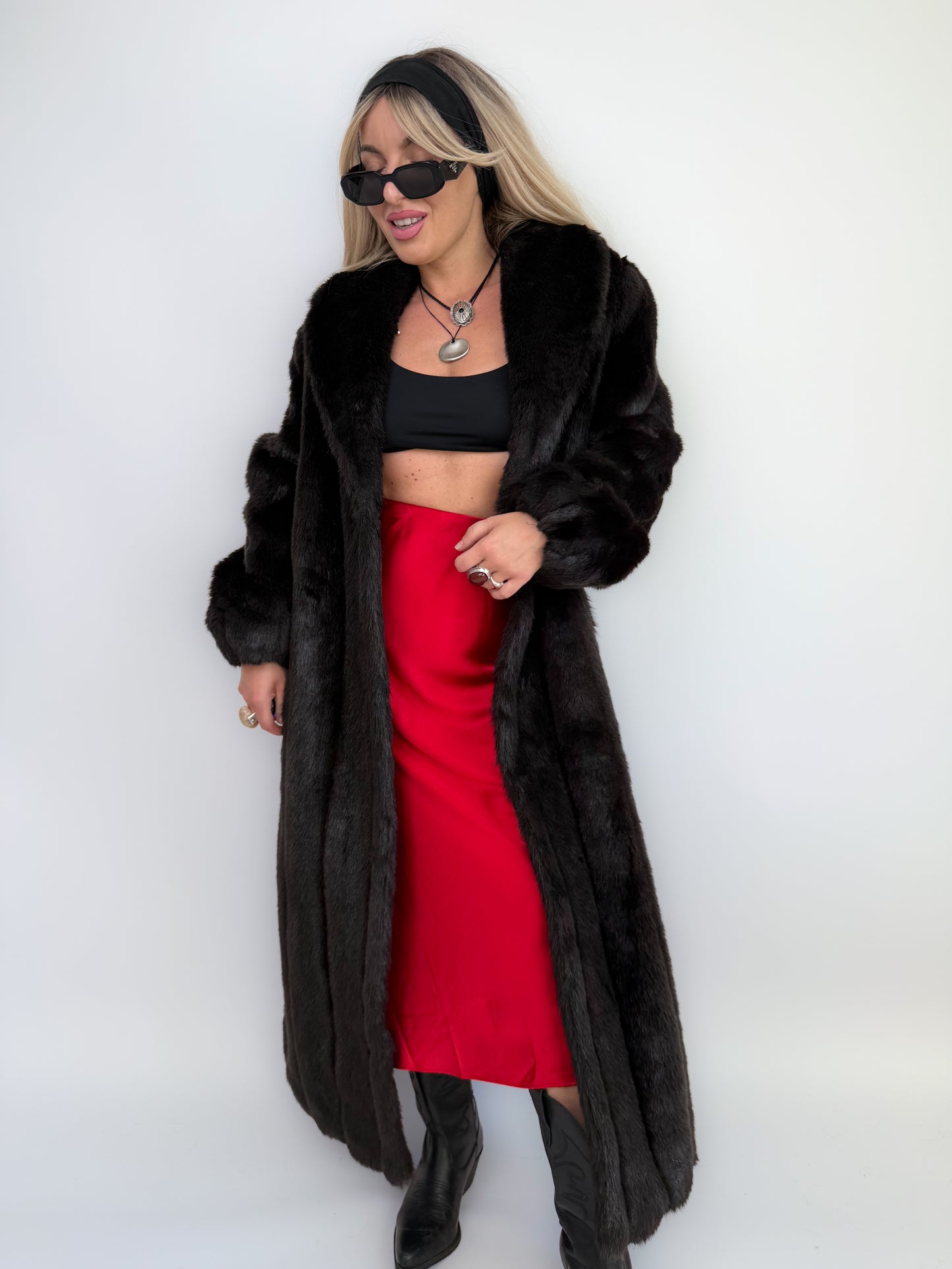 Vintage Black Faux Mink Full Length Winter Coat S-M