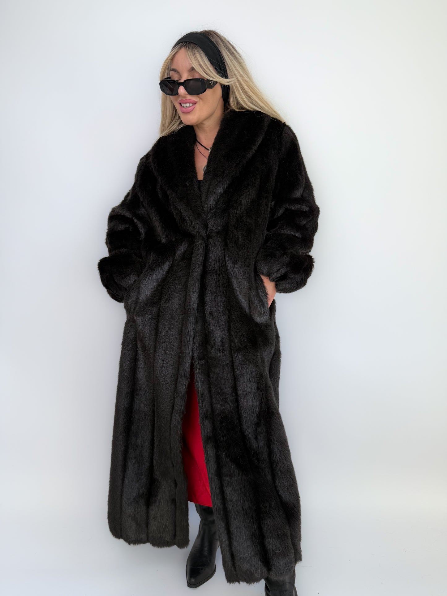 Vintage Black Faux Mink Full Length Winter Coat S-M