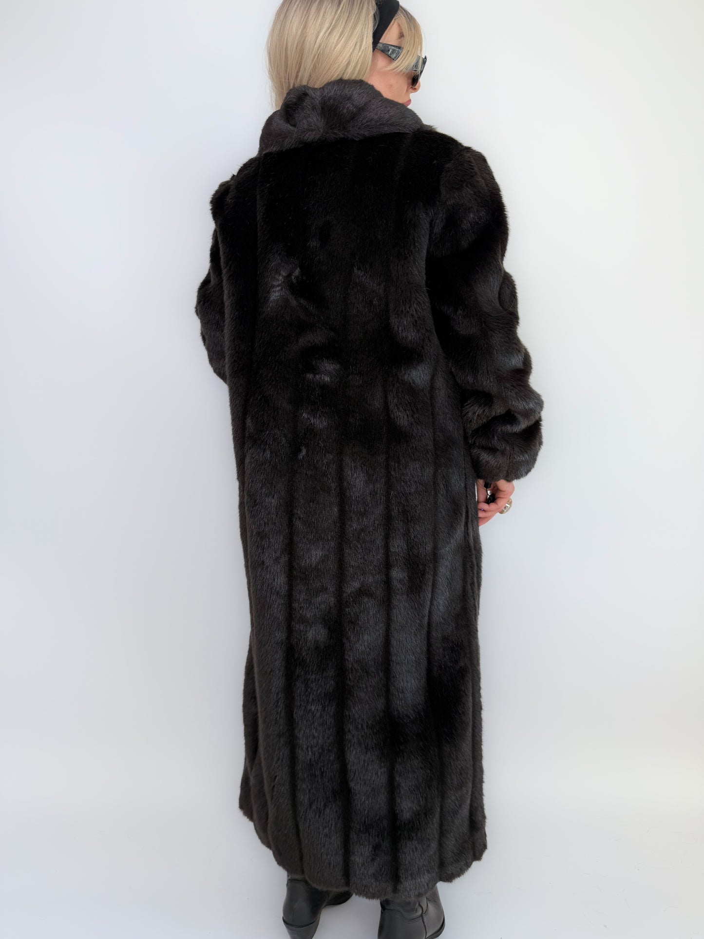 Vintage Black Faux Mink Full Length Winter Coat S-M