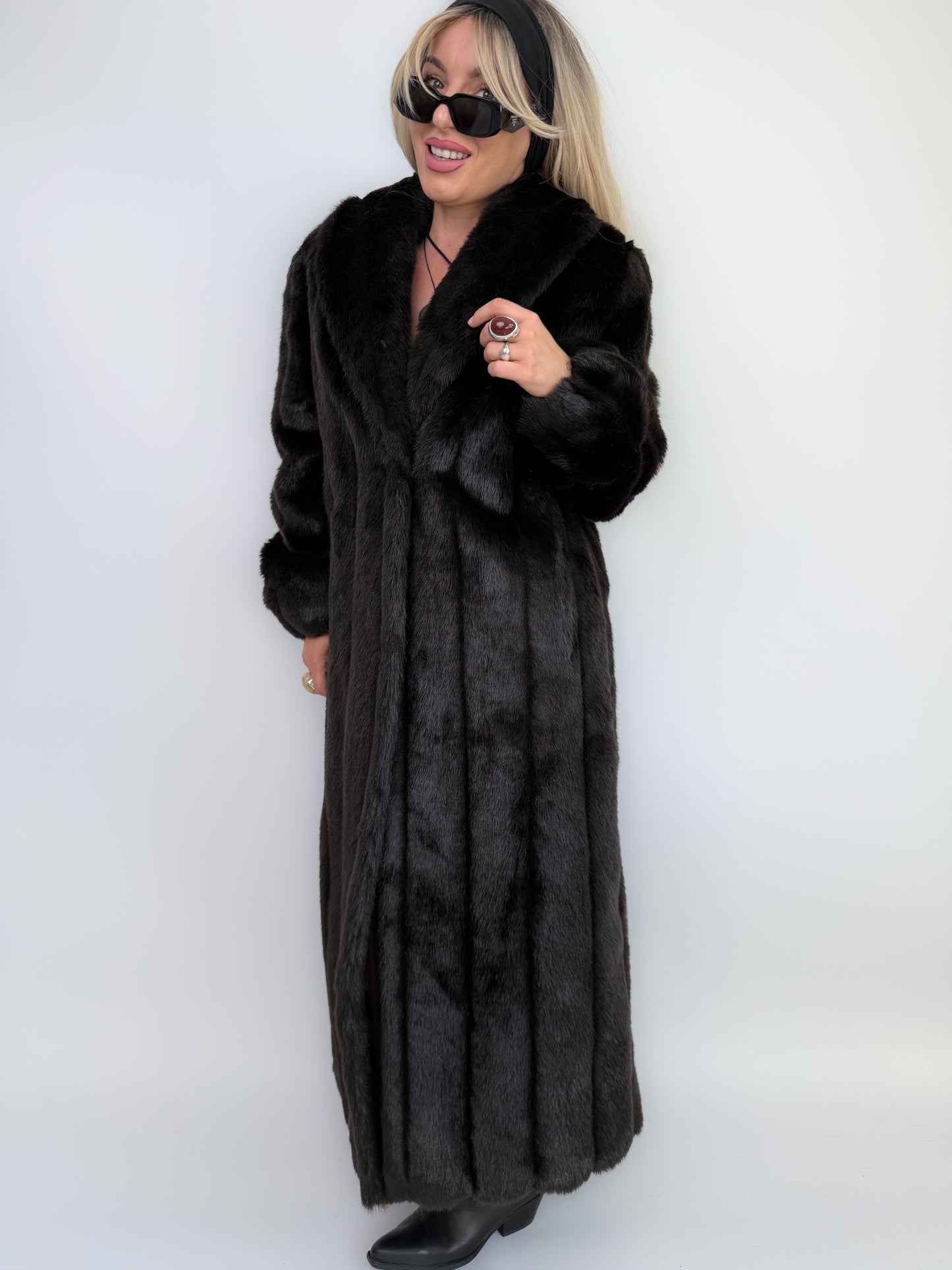 Vintage Black Faux Mink Full Length Winter Coat S-M