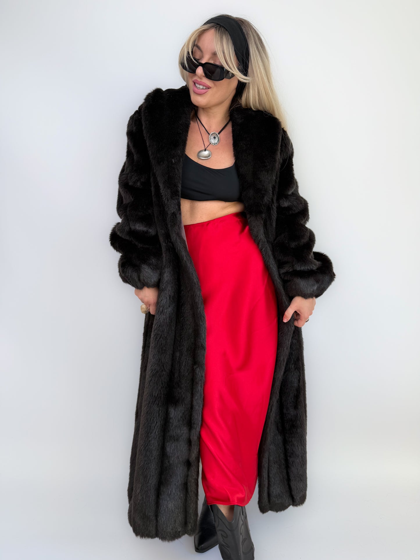 Vintage Black Faux Mink Full Length Winter Coat S-M