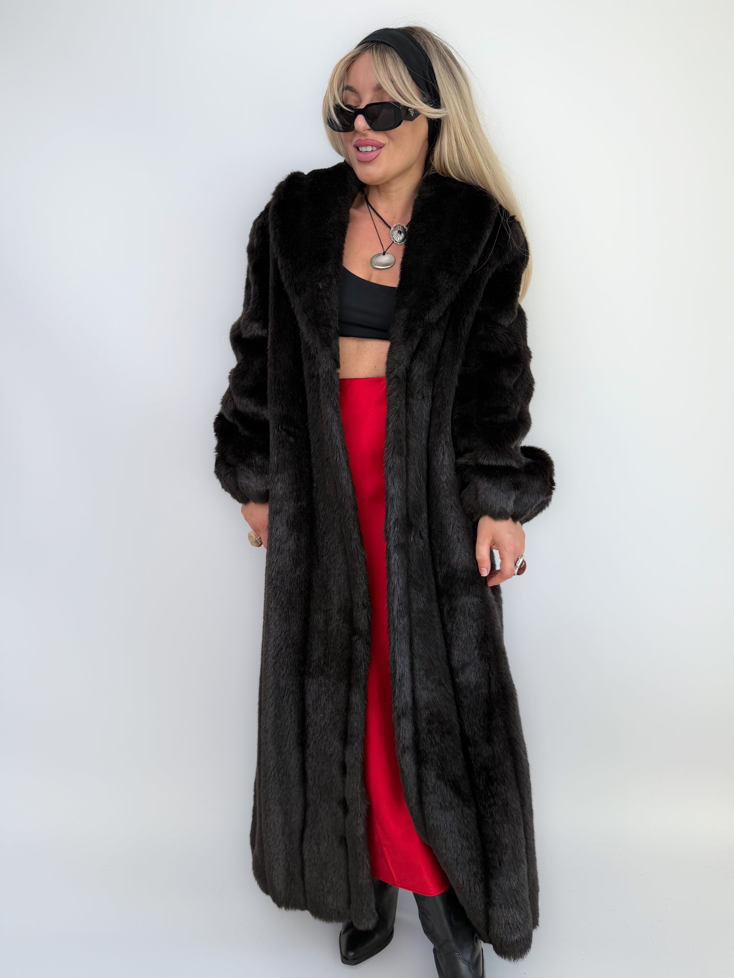 Vintage Black Faux Mink Full Length Winter Coat S-M