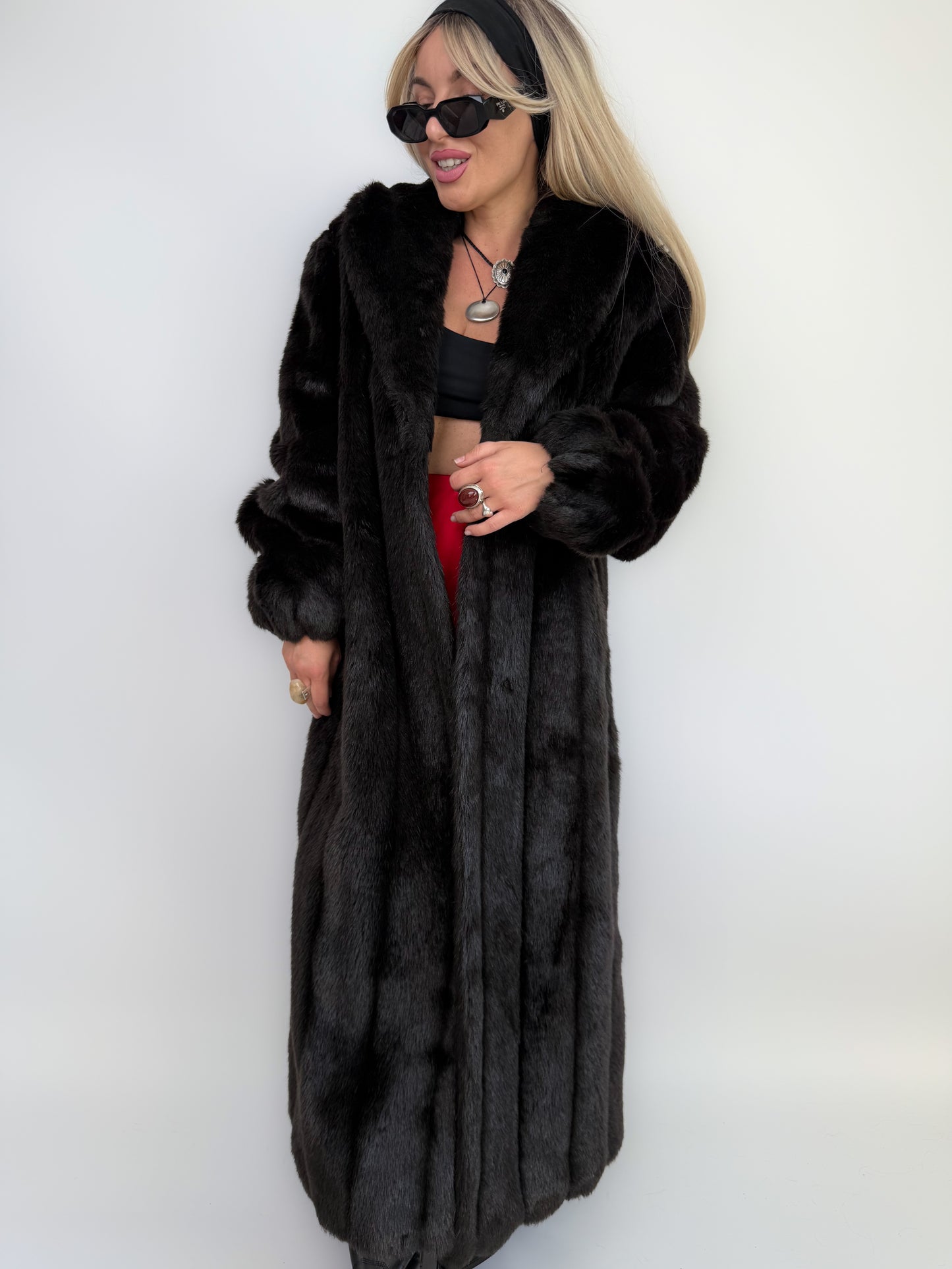 Vintage Black Faux Mink Full Length Winter Coat S-M