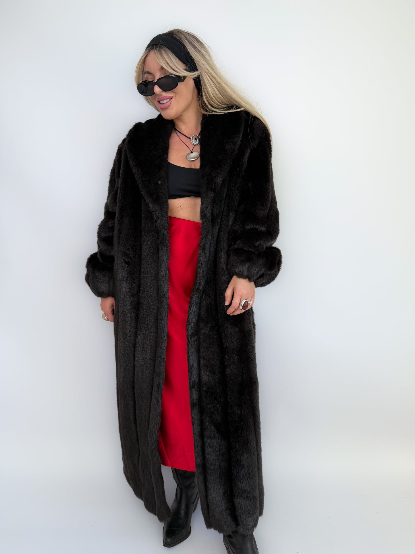 Vintage Black Faux Mink Full Length Winter Coat S-M