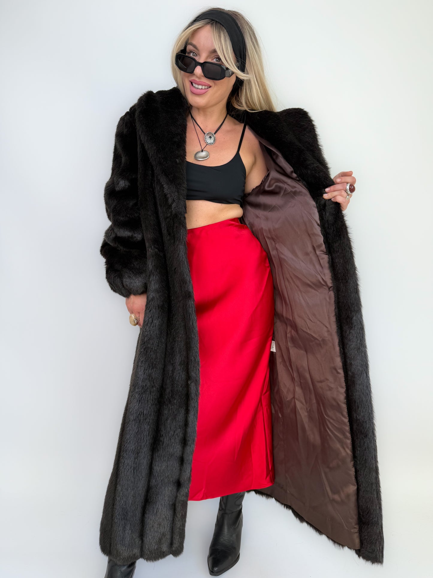 Vintage Black Faux Mink Full Length Winter Coat S-M