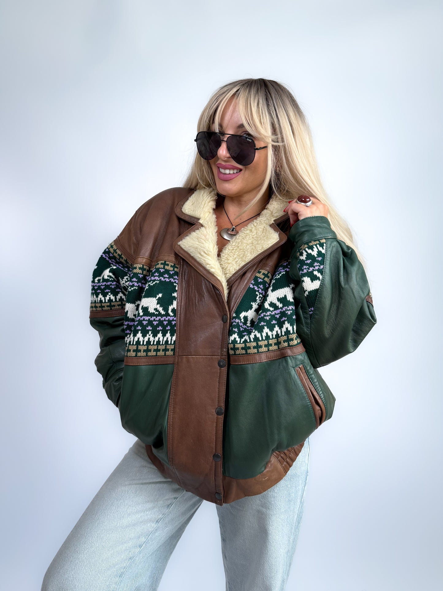 Vintage 90s Leather Bomber with Sherpa Collar - Winter Print Boho Navajo Aztec Tribal Style Jacket M-L