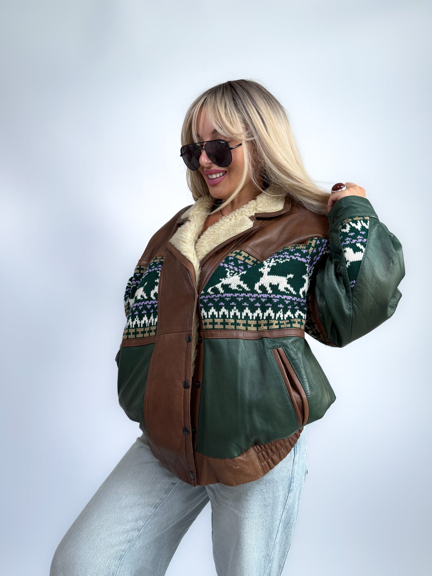 Vintage 90s Leather Bomber with Sherpa Collar - Winter Print Boho Navajo Aztec Tribal Style Jacket M-L