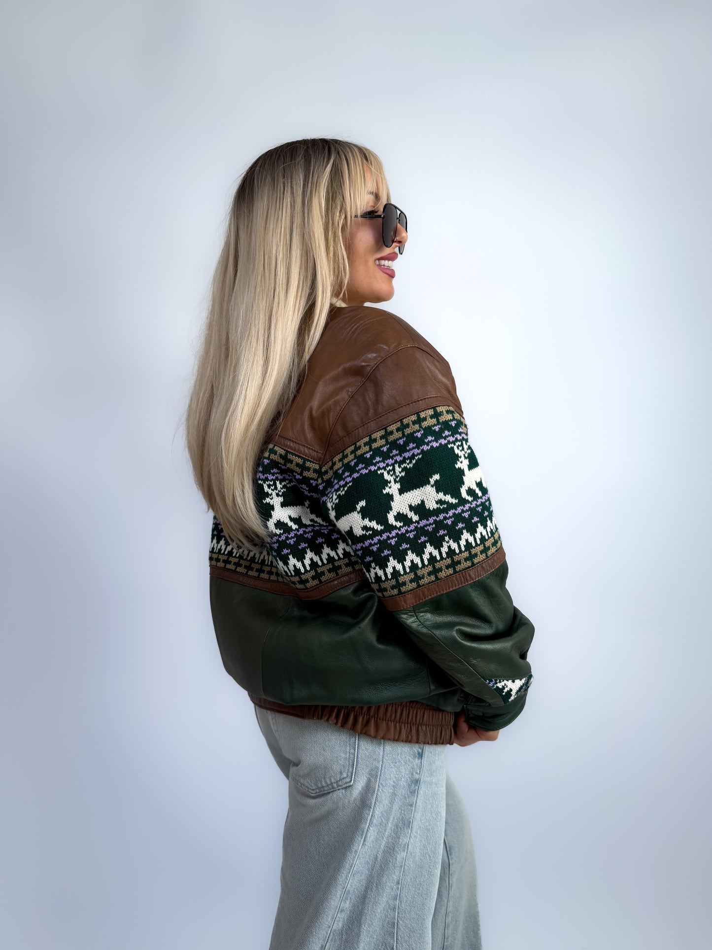 Vintage 90s Leather Bomber with Sherpa Collar - Winter Print Boho Navajo Aztec Tribal Style Jacket M-L