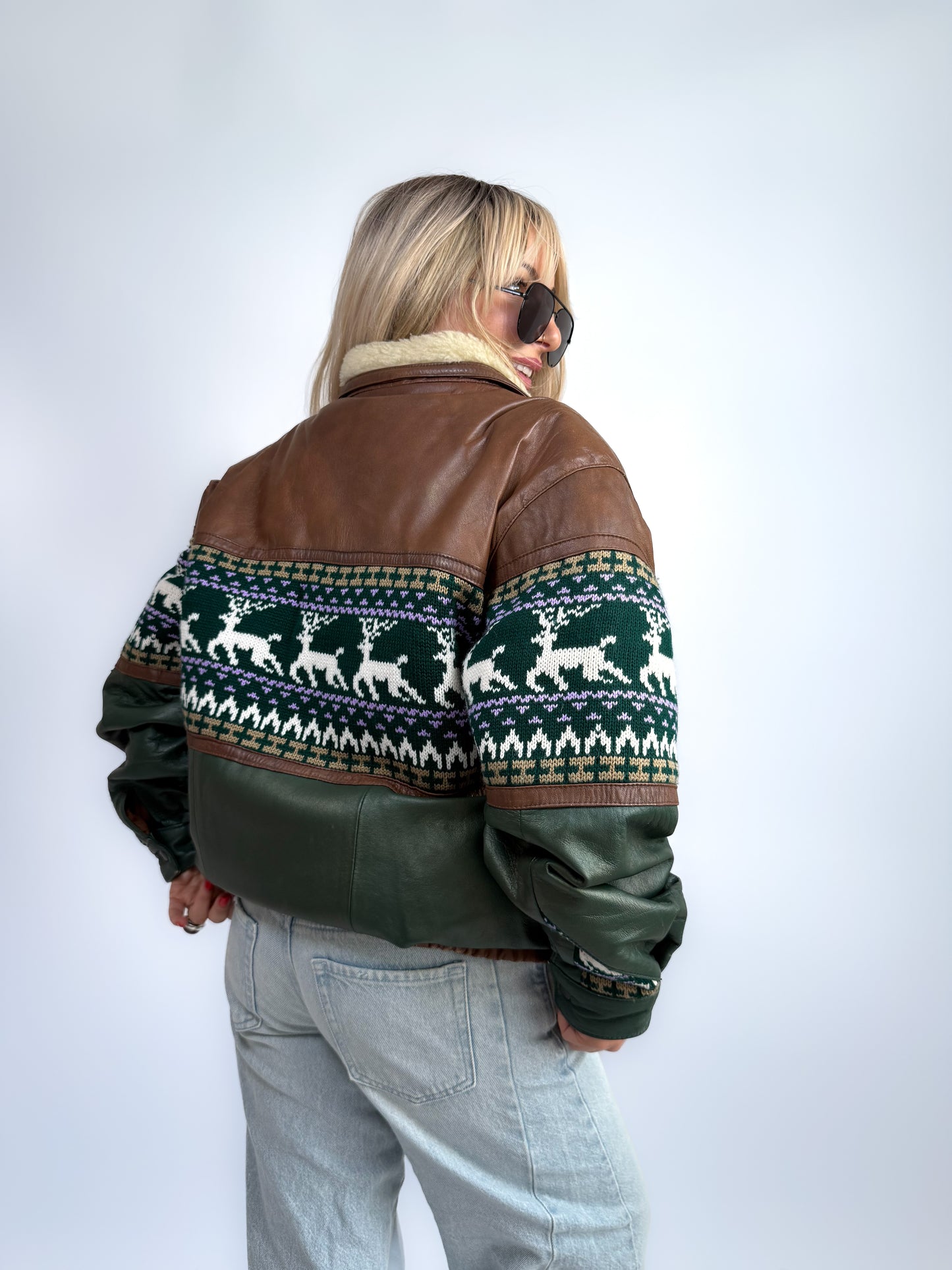 Vintage 90s Leather Bomber with Sherpa Collar - Winter Print Boho Navajo Aztec Tribal Style Jacket M-L