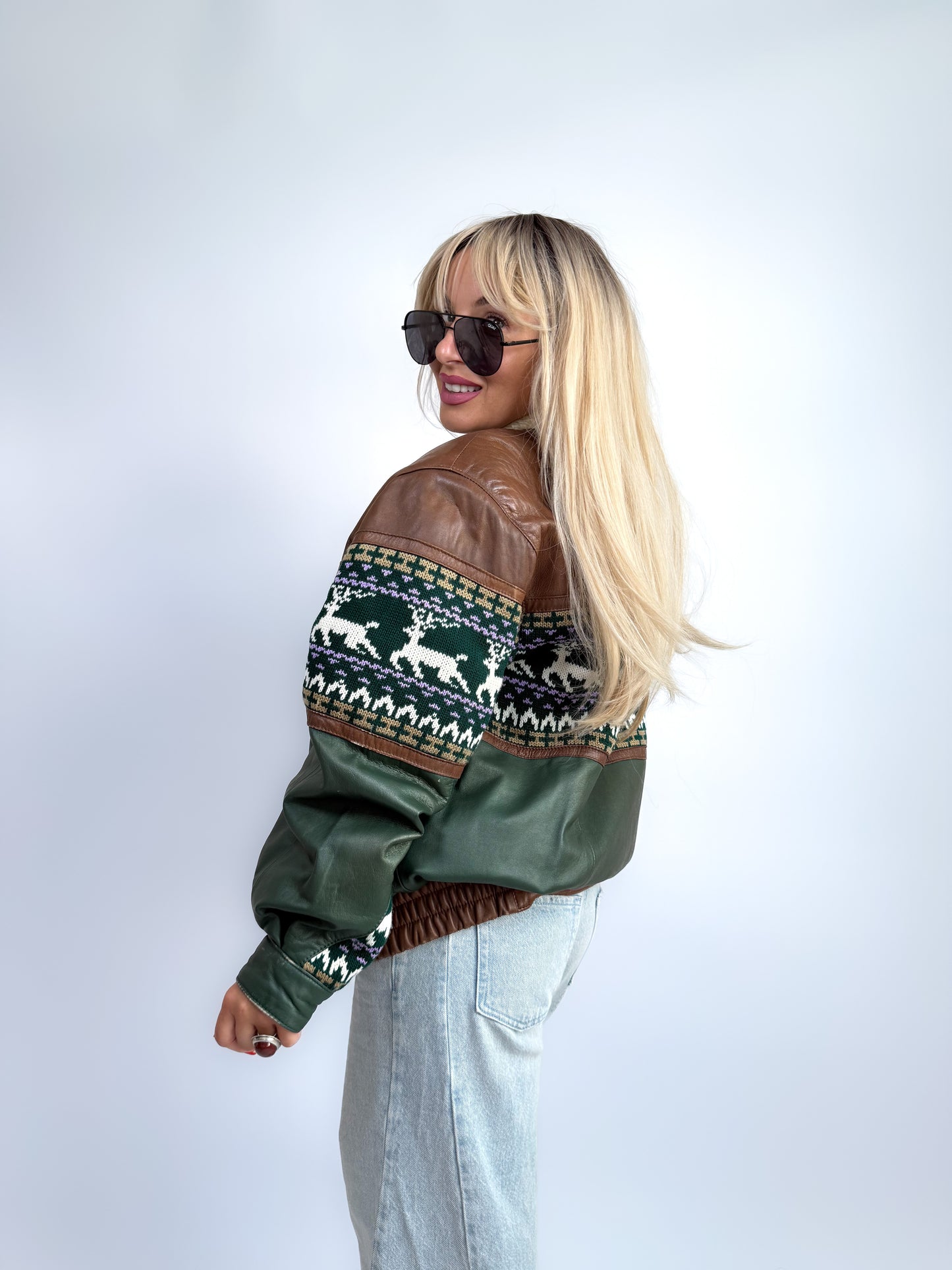 Vintage 90s Leather Bomber with Sherpa Collar - Winter Print Boho Navajo Aztec Tribal Style Jacket M-L