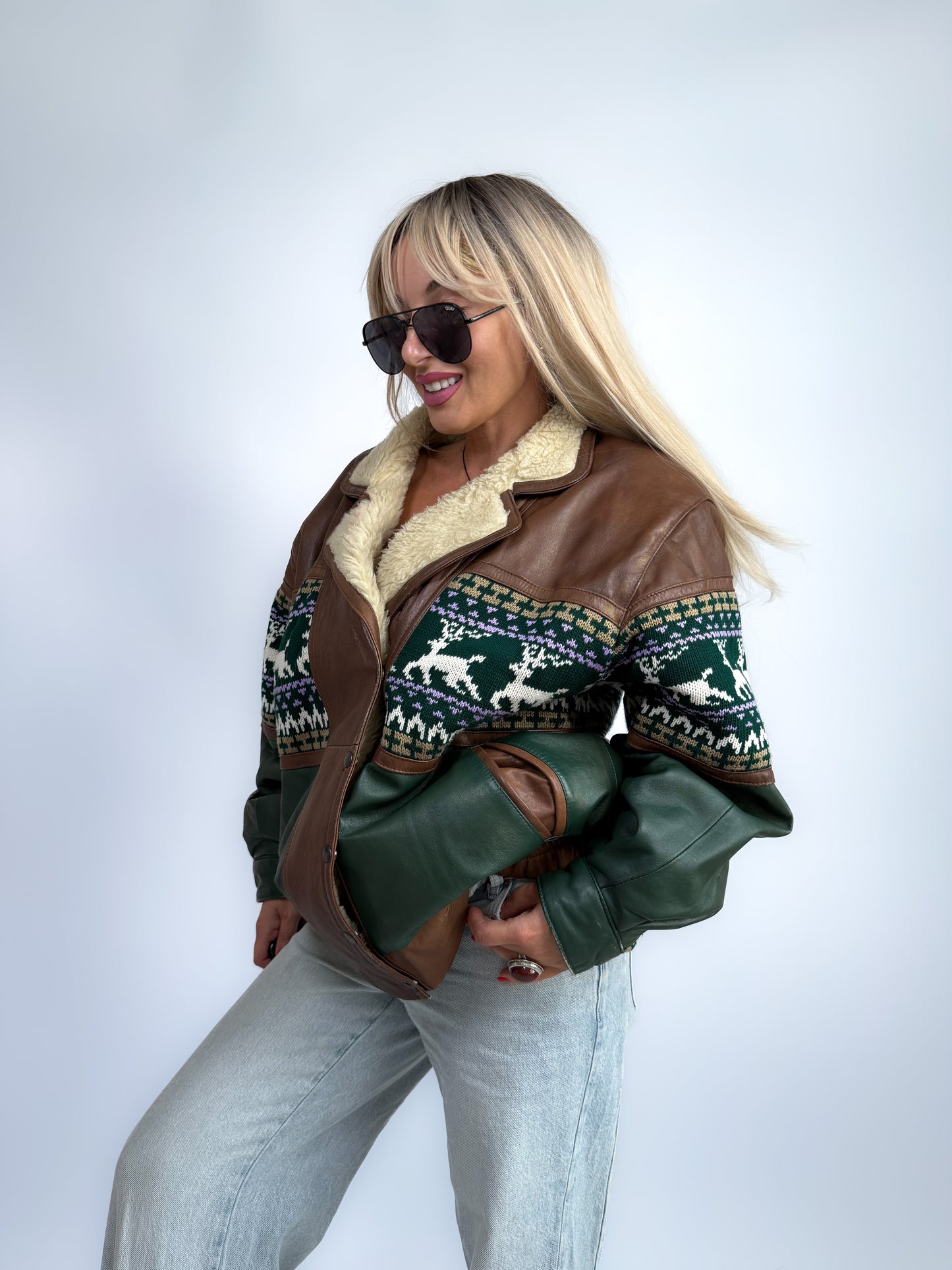 Vintage 90s Leather Bomber with Sherpa Collar - Winter Print Boho Navajo Aztec Tribal Style Jacket M-L