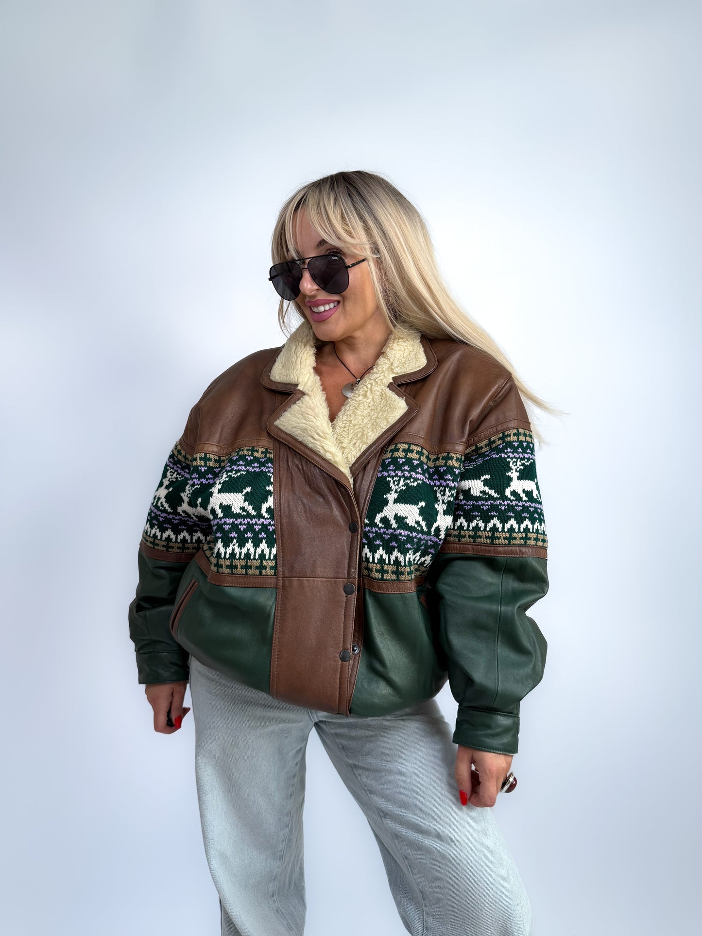 Vintage 90s Leather Bomber with Sherpa Collar - Winter Print Boho Navajo Aztec Tribal Style Jacket M-L