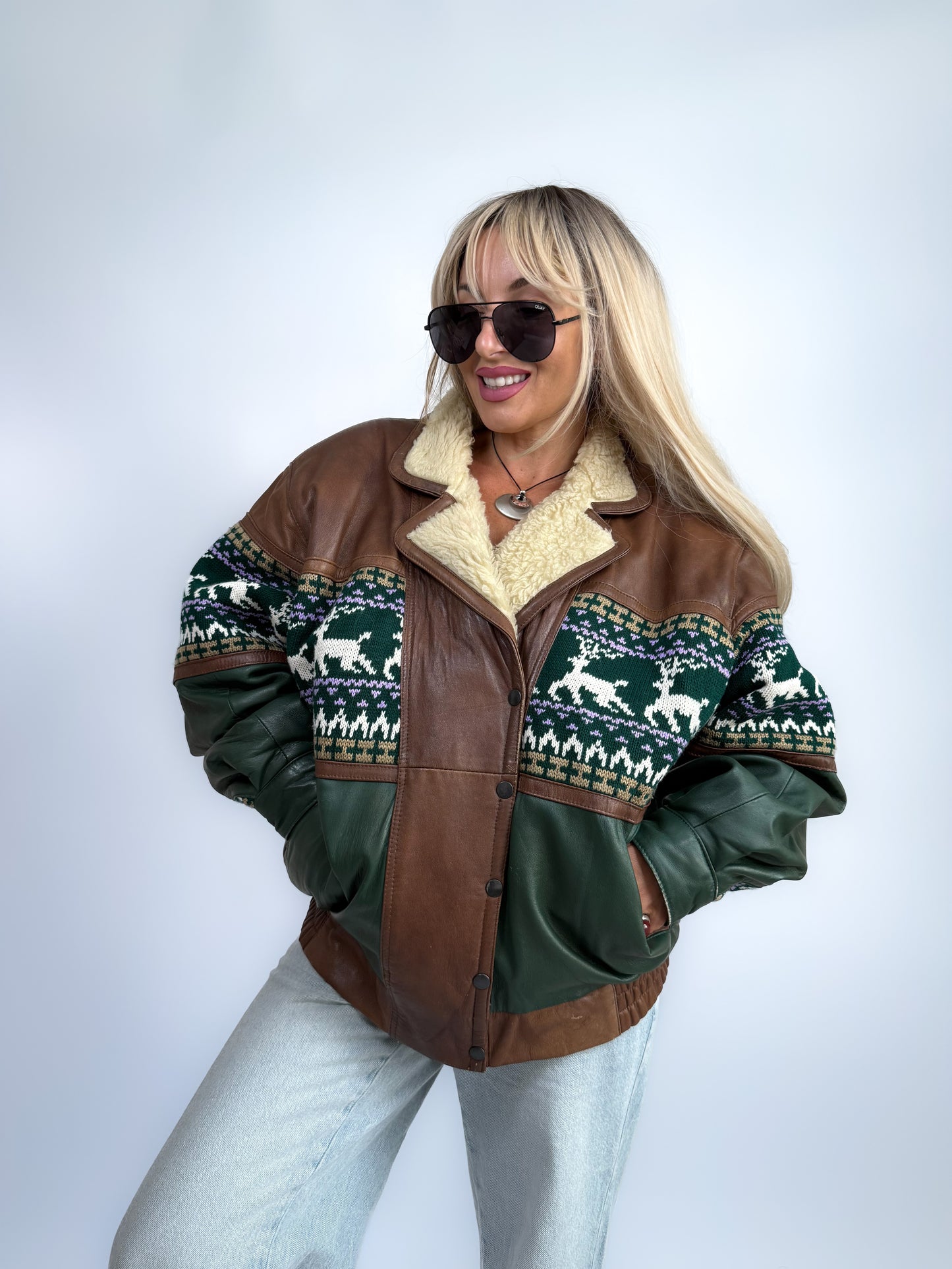 Vintage 90s Leather Bomber with Sherpa Collar - Winter Print Boho Navajo Aztec Tribal Style Jacket M-L