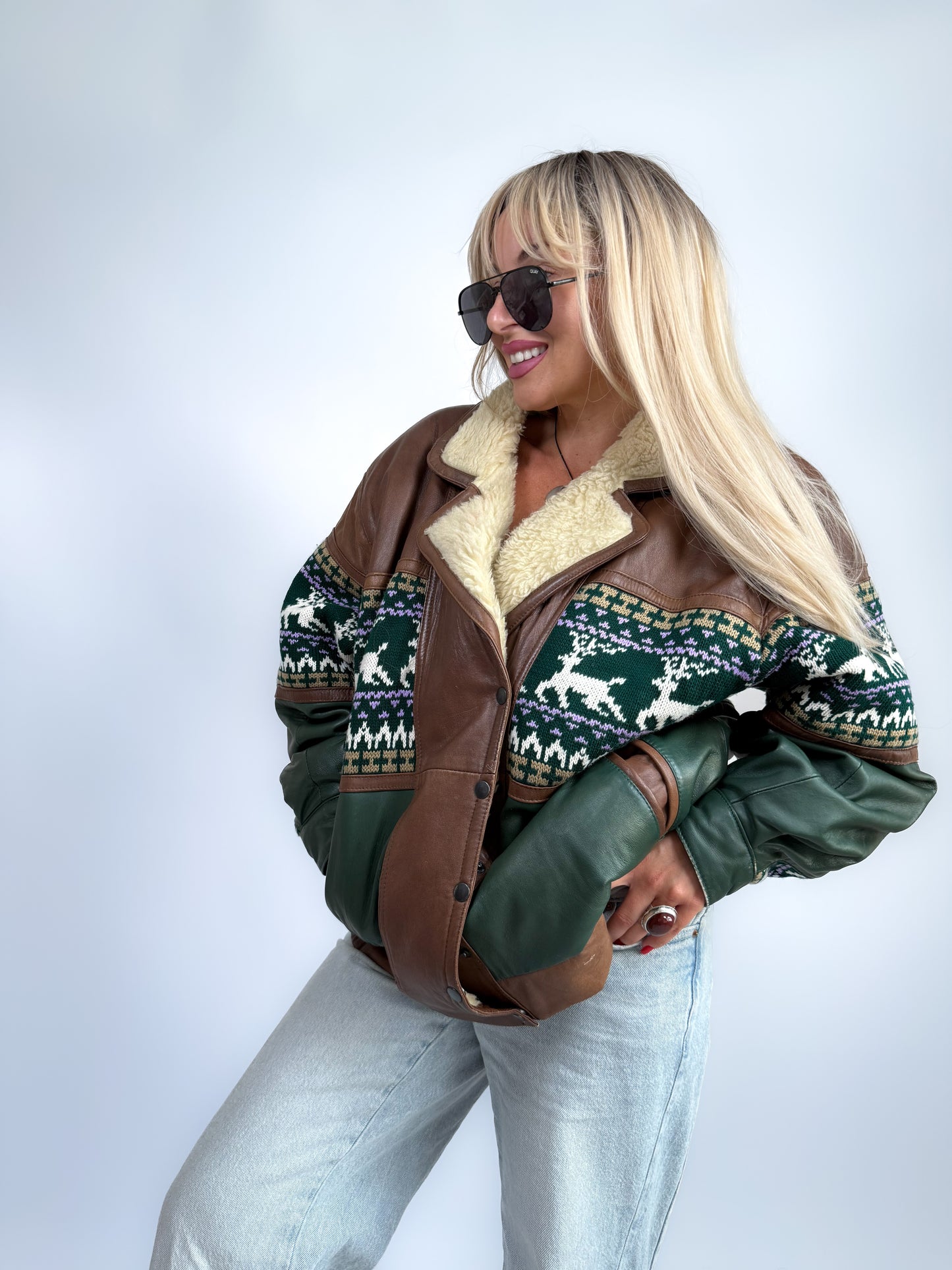 Vintage 90s Leather Bomber with Sherpa Collar - Winter Print Boho Navajo Aztec Tribal Style Jacket M-L
