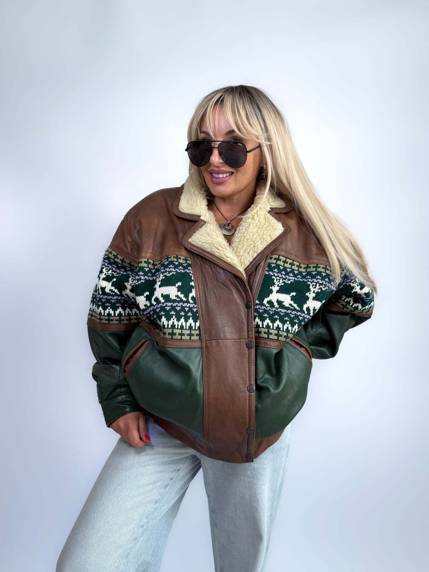 Vintage 90s Leather Bomber with Sherpa Collar - Winter Print Boho Navajo Aztec Tribal Style Jacket M-L