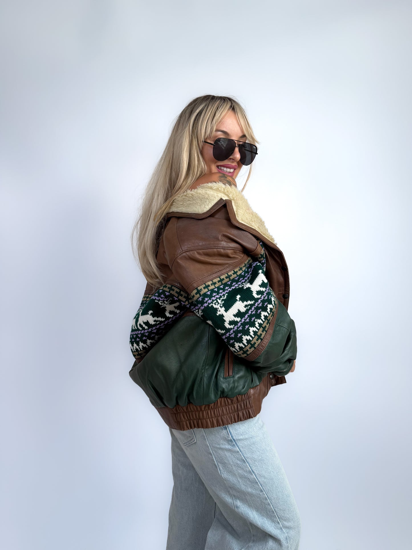 Vintage 90s Leather Bomber with Sherpa Collar - Winter Print Boho Navajo Aztec Tribal Style Jacket M-L