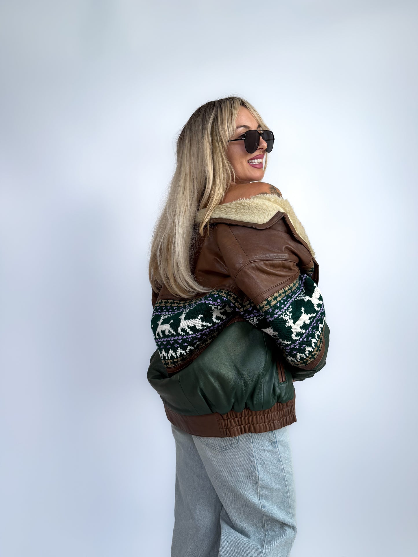 Vintage 90s Leather Bomber with Sherpa Collar - Winter Print Boho Navajo Aztec Tribal Style Jacket M-L