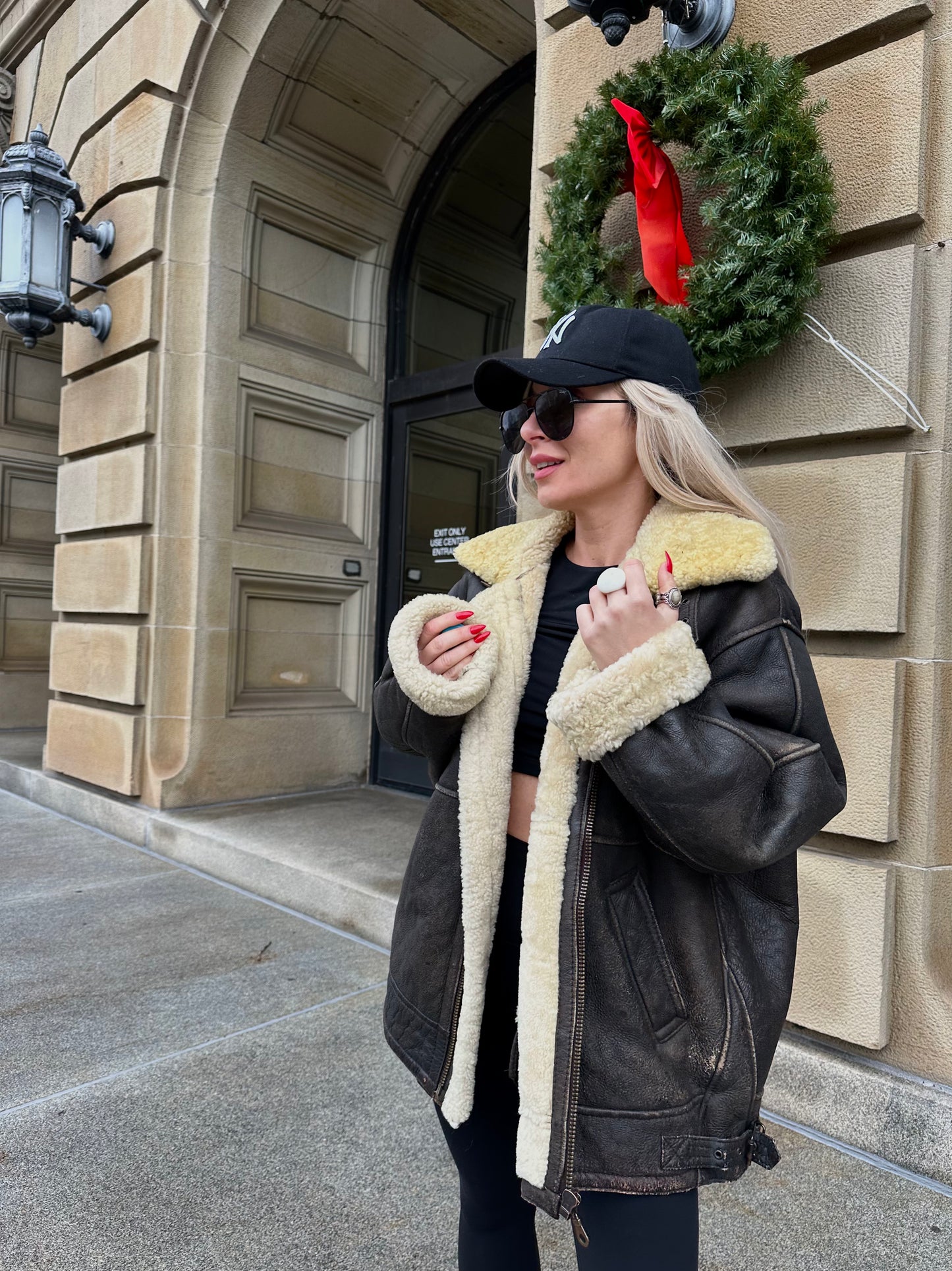 Vintage Shearling Leather Bomber Jacket – XL Men’s Pilot Style, Wool Lined Aviator Coat