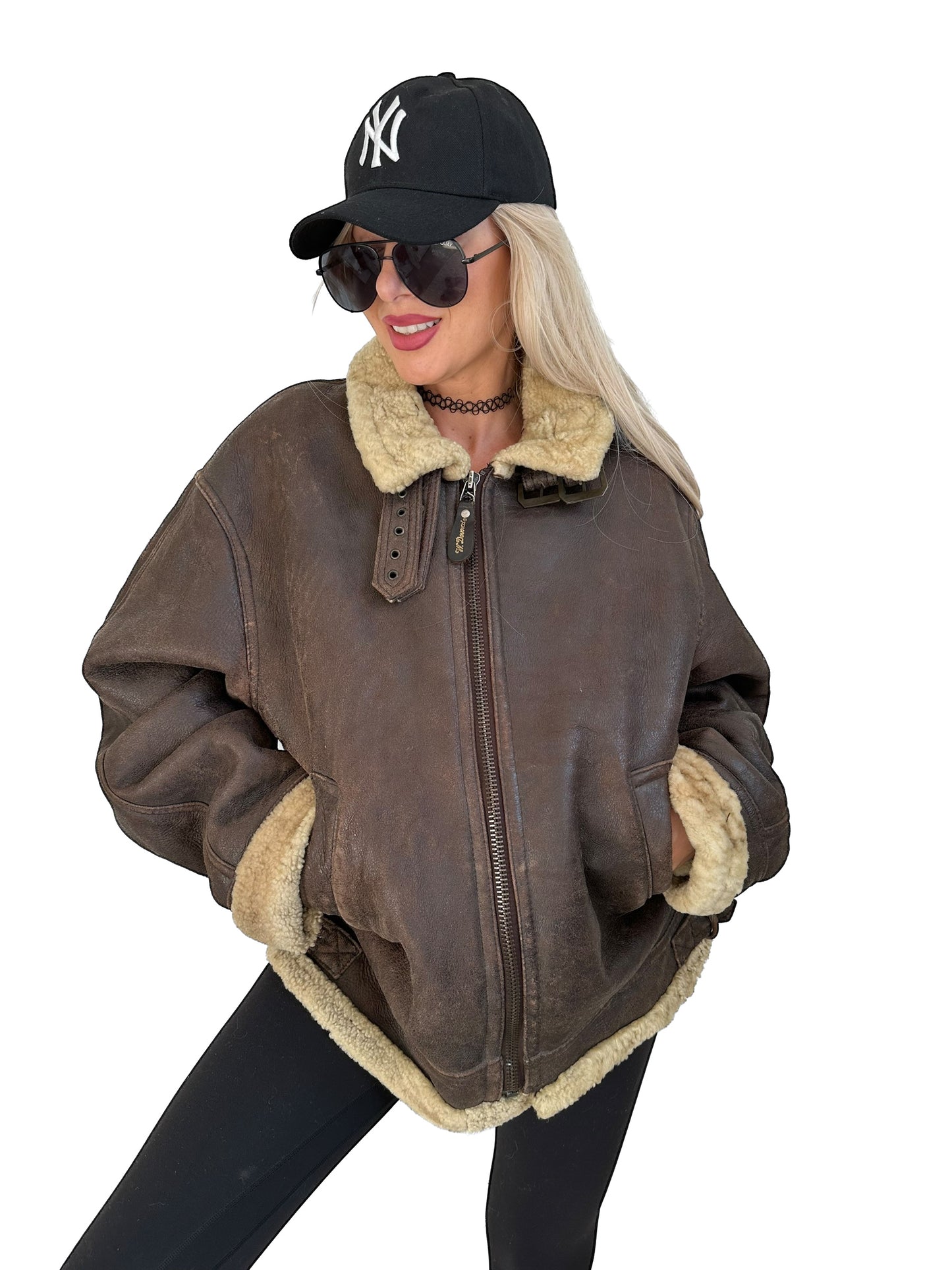 Vintage B-3 Shearling Leather Bomber Jacket – Sheepskin 90s Aviator Style, Wool Lined