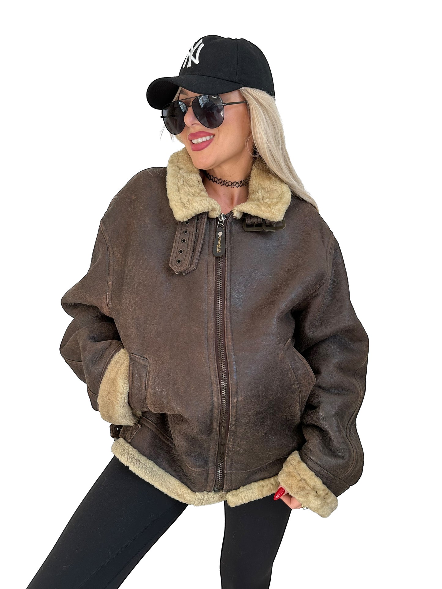 Vintage B-3 Shearling Leather Bomber Jacket – Sheepskin 90s Aviator Style, Wool Lined
