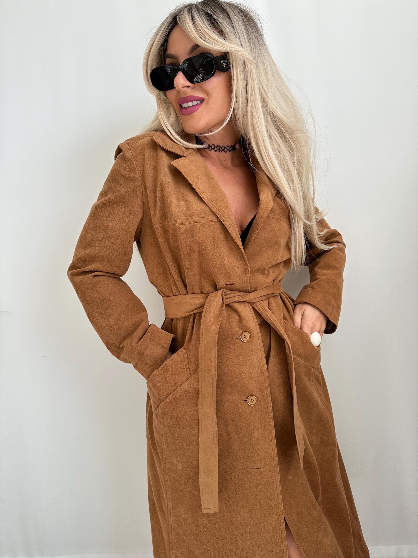 Vintage coat faux suede long trench duster jacket leather camel tan brown belted tied casual boho