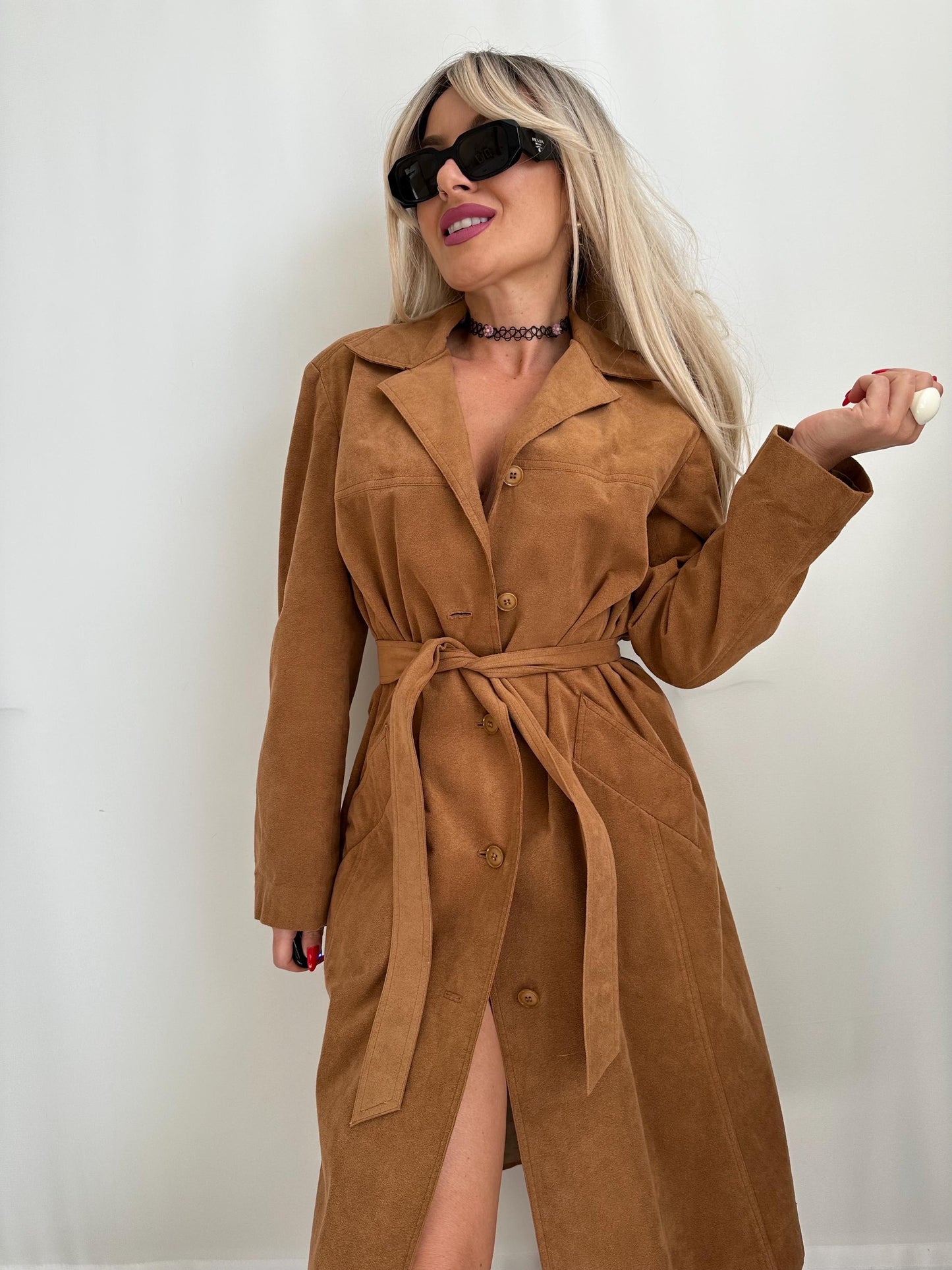 Vintage coat faux suede long trench duster jacket leather camel tan brown belted tied casual boho