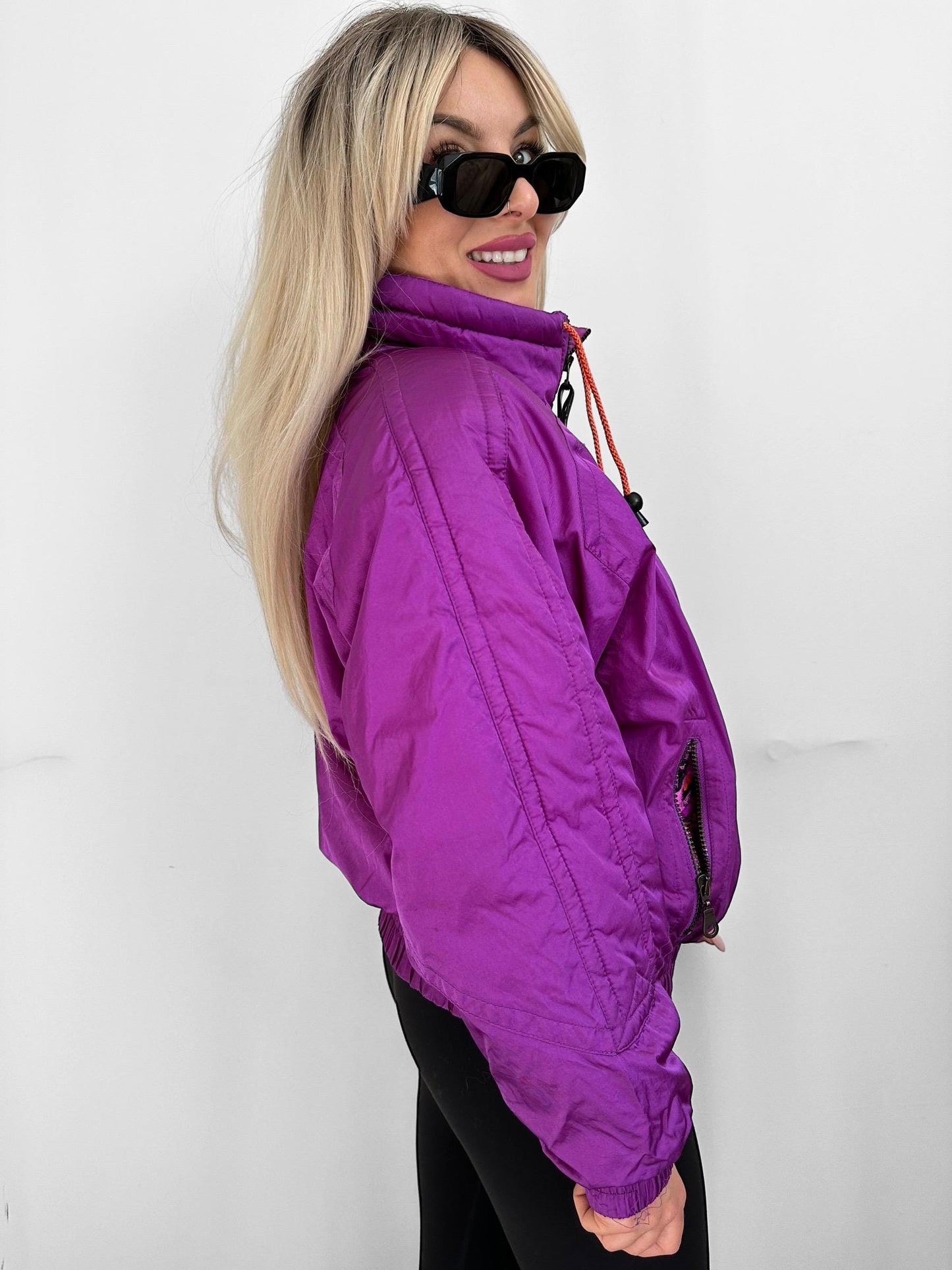 Vintage 90s Neon Ski Bomber Jacket in Purple with Orange Accents – Women’s Large