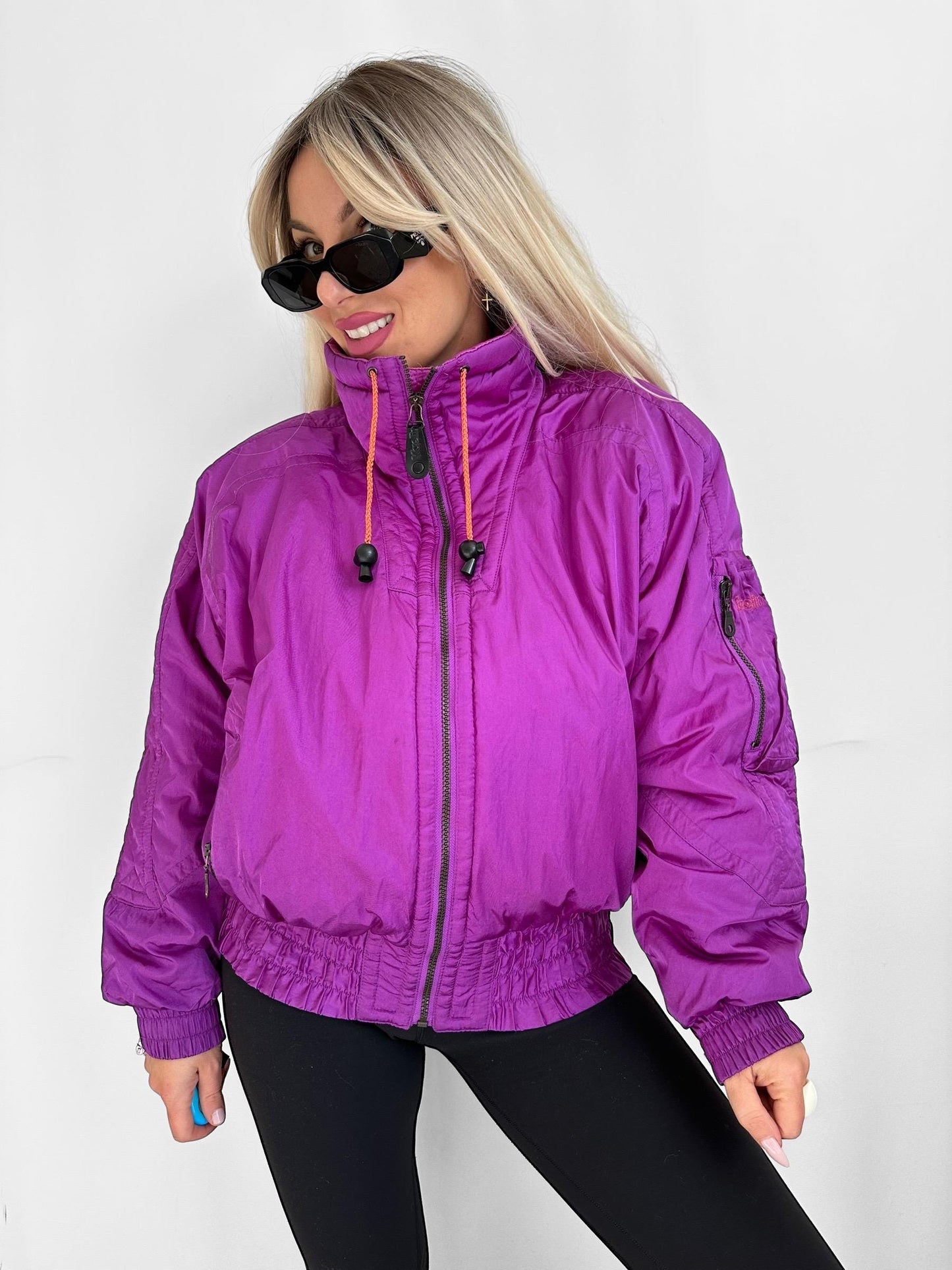 Vintage 90s Neon Ski Bomber Jacket in Purple with Orange Accents – Women’s Large