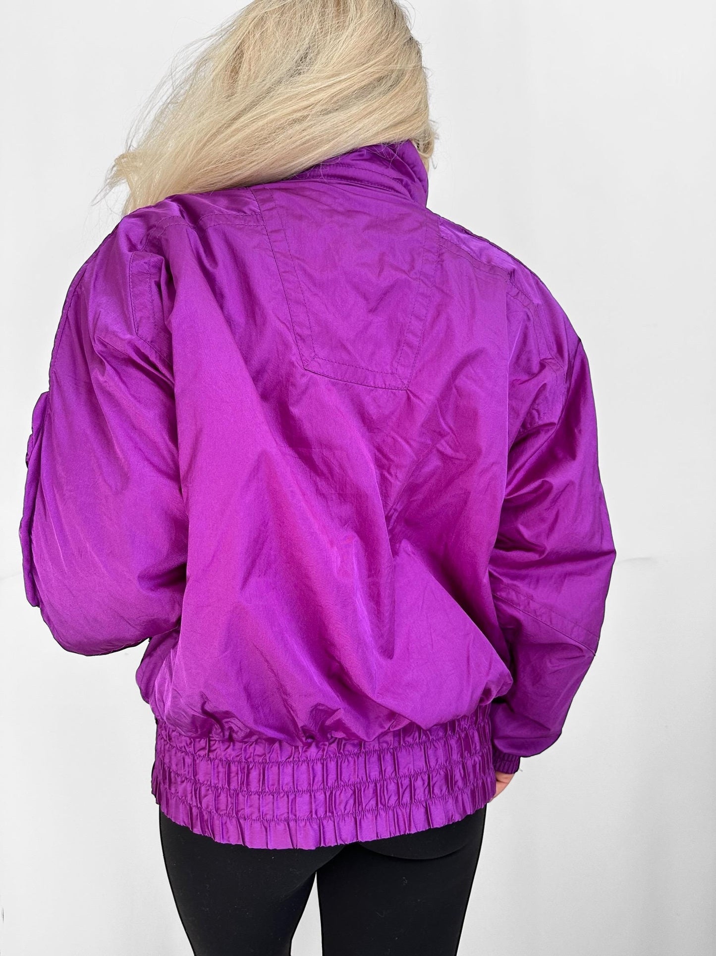 Vintage 90s Neon Ski Bomber Jacket in Purple with Orange Accents – Women’s Large