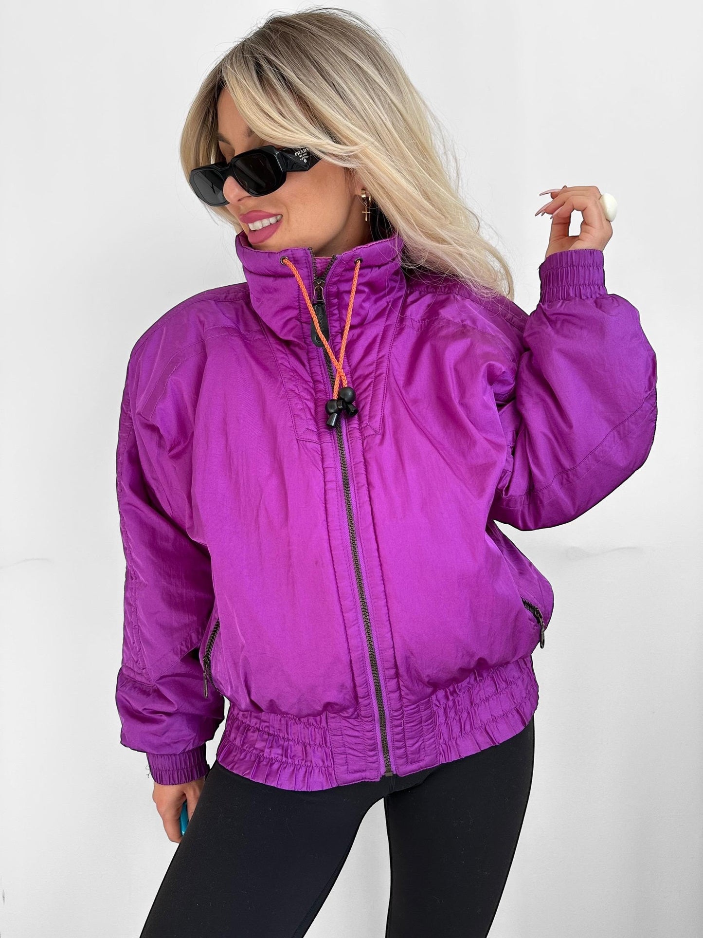 Vintage 90s Neon Ski Bomber Jacket in Purple with Orange Accents – Women’s Large