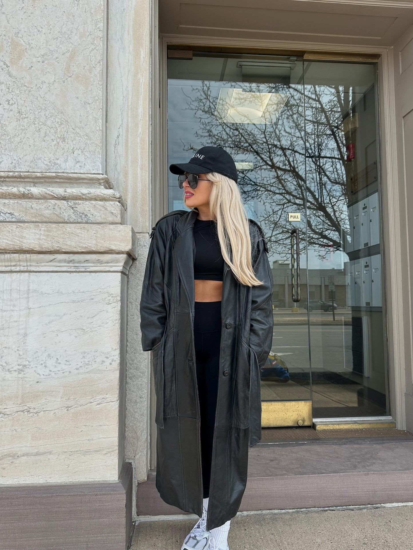 Vintage leather trench full length long coat real natural waist tie belt trench 90s retro overcoat black